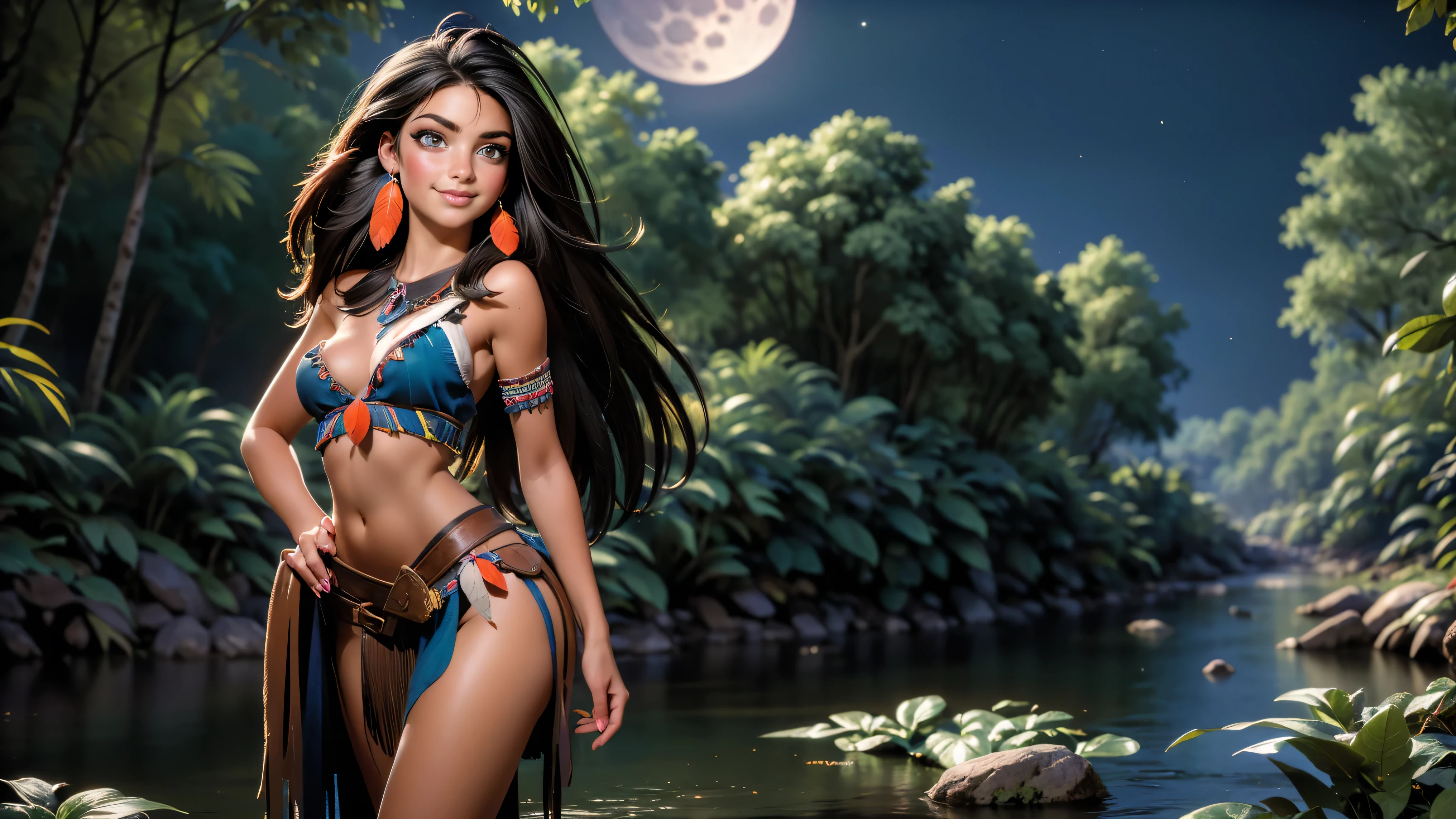 ((1girl)), ((solo)), (cute girl), (young girl), (), ((young)), native American alone at night in the forest, ((face paint)), ((dark skin)), adorned with beads and feathers, moonlight, ((brown eyes)), ((dark eyes)), ((beautiful face)), ((Long black hair)) ((straight hair)), ((feathers hanging from her hair)), ((small breast)), ((exposed breast)), upper body, ((slim waist)), ((standing upright in a river in the forest with the moonlight steaming through the leaves)), ((sexy pose)), navel, ((no top)), seductive smile, waterfall in the background, ((vibrant colors)),