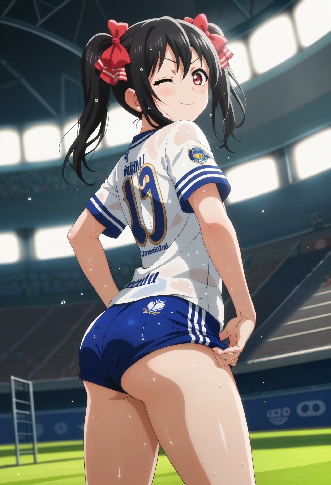 TRexStudio,source_anime, anime screencap,Shiny skin,dynamic lighting, detailed shading,moist skin, HENTAI , yazawa nico, black hair ,twintails,red eyes, looking at viewer,hair ribbons,sexy wink, football clothes,from side, big ass, football stadium,short shorts, sweating,wet clothes, adjusting wedgie