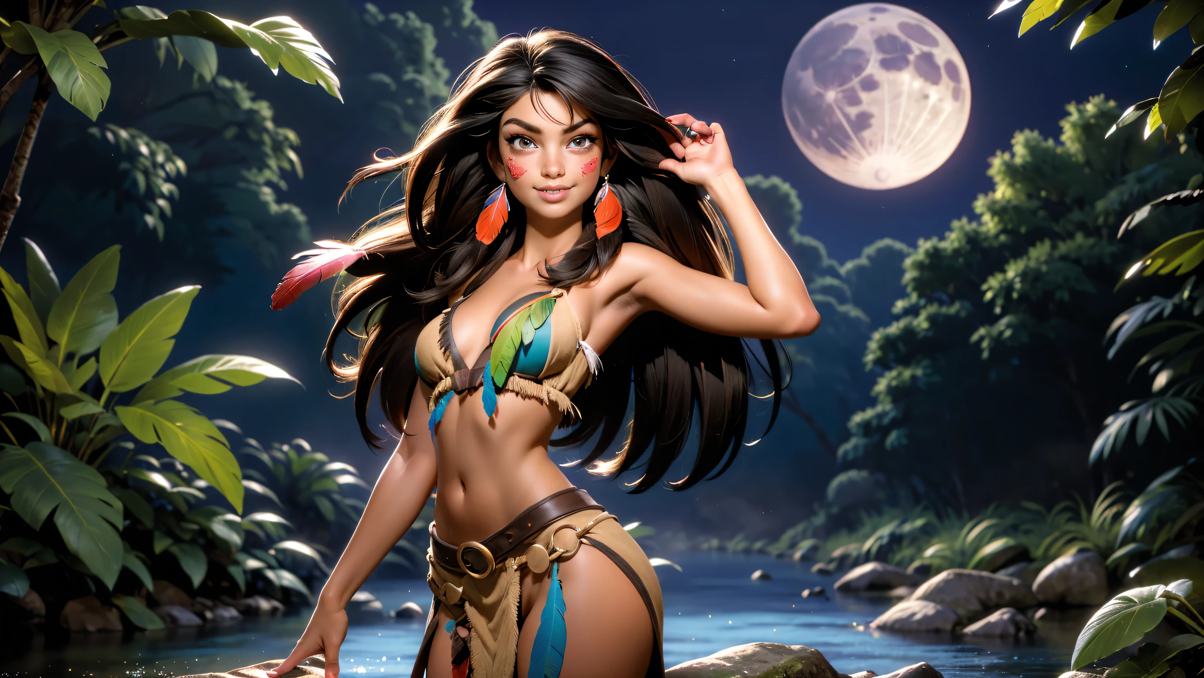 ((1girl)), ((solo)), (cute girl), (young girl), (), ((young)), native American alone at night in the forest, ((face paint)), ((dark skin)), adorned with beads and feathers, moonlight, ((brown eyes)), ((dark eyes)), ((beautiful face)), ((Long black hair)) ((straight hair)), ((feathers hanging from her hair)), ((small breast)), ((exposed breast)), upper body, ((slim waist)), ((standing upright in a river in the forest with the moonlight steaming through the leaves)), ((sexy pose)), navel, ((no top)), seductive smile, waterfall in the background, ((vibrant colors)),