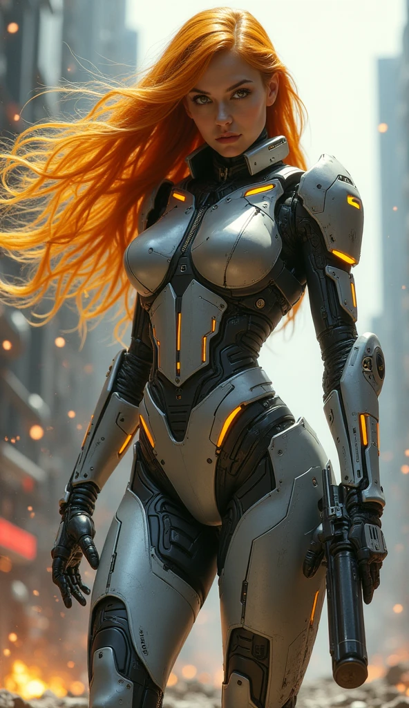 Robotic redhead woman destroyed city Super realistic well detailed