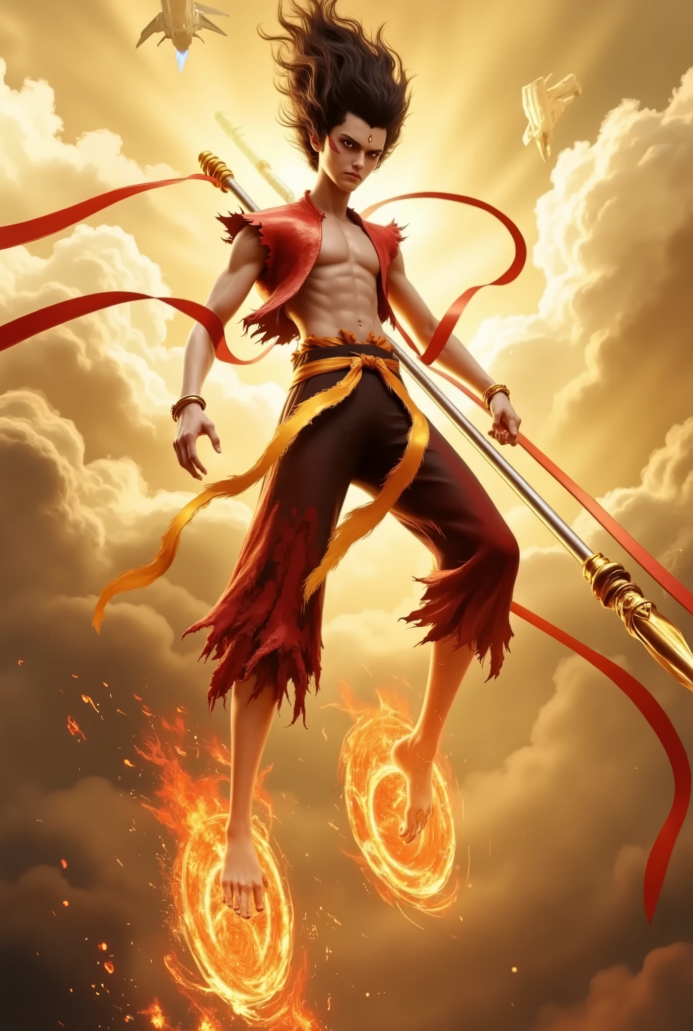 ultra realistic, ultra realistic, K,soldier,warrior,mecha hand, An 18-year-old handsome Nezha soaring, wearing a powerful mech shoulders, holding a flaming spear, with (two burning wheel-shaped mech flying devices below his feet). The scene is set in the clouds, where he battles multiple fighter jets, with laser beams and explosions in the background. His mech shoulders are the futuristic transformation of his traditional attire, showcasing his muscular with well-defined ((chest, abs, arms, and legs)). extending from their back, resembling mechanical tools, as white long belts, around him. The design emphasizes both his strength and agility, blending the mythological with high-tech, dynamic combat.
