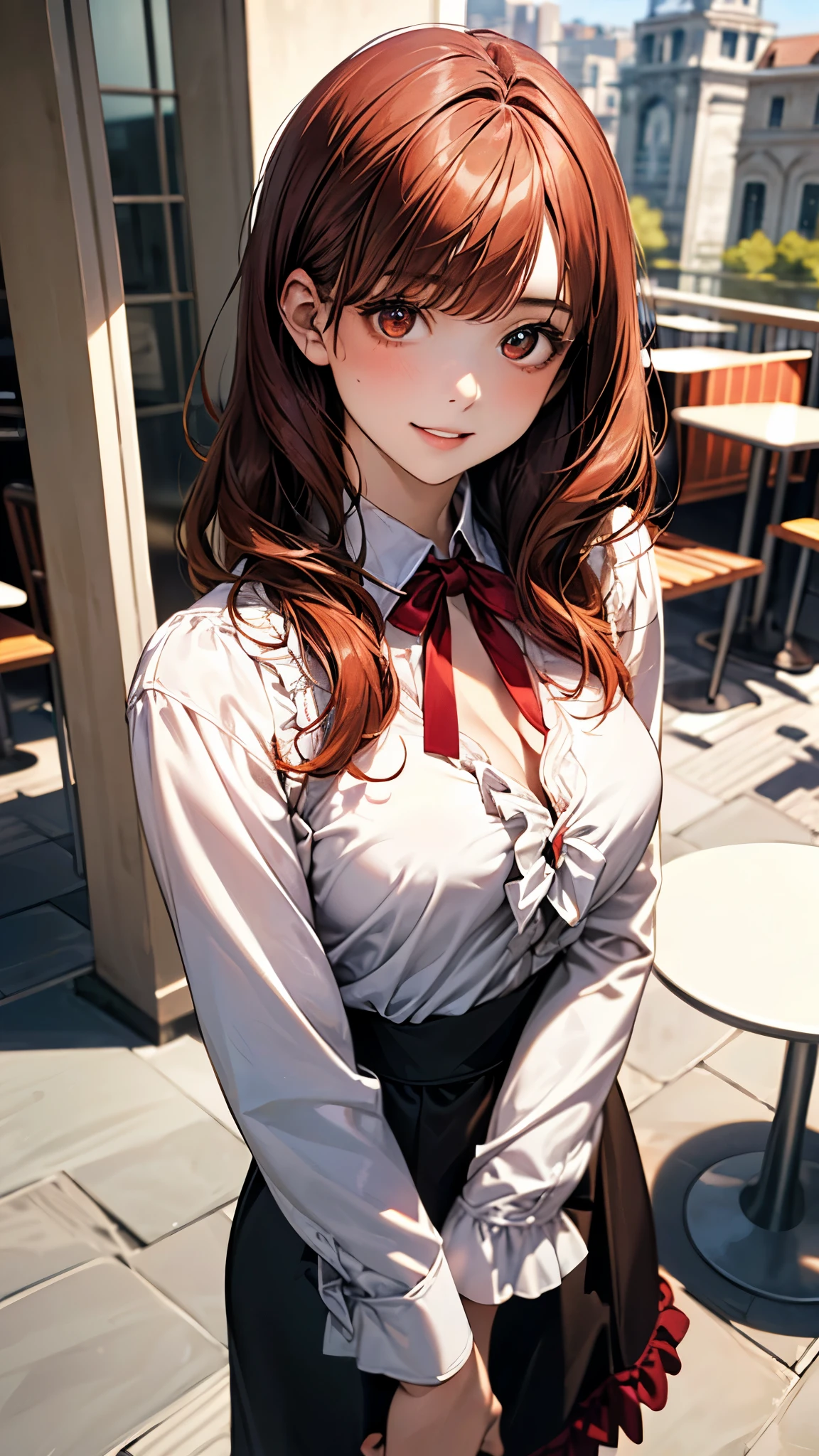 (masterpiece:1.2, top-quality), (realistic, photorealistic:1.4), beautiful illustration, (natural side lighting, movie lighting), nsfw,
looking at viewer, (face focus, upper body), 1 girl, japanese, high school girl, perfect face, cute and symmetrical face, shiny skin,
(long hair:1.5, one side up, sandy beige hair), swept bangs, dark red eyes, glowing eyes, big eyes, drooping eyes, long eye lasher, (medium breasts), slender, dark red hair ribbon,
beautiful hair, beautiful face, beautiful detailed eyes, beautiful clavicle, beautiful body, beautiful chest, beautiful thigh, beautiful legs, beautiful fingers,
((white collared shirts, grey pleated mini skirt), dark red bow tie),
(beautiful scenery), evening, (dining room), standing, (lovely smile, upper eyes),