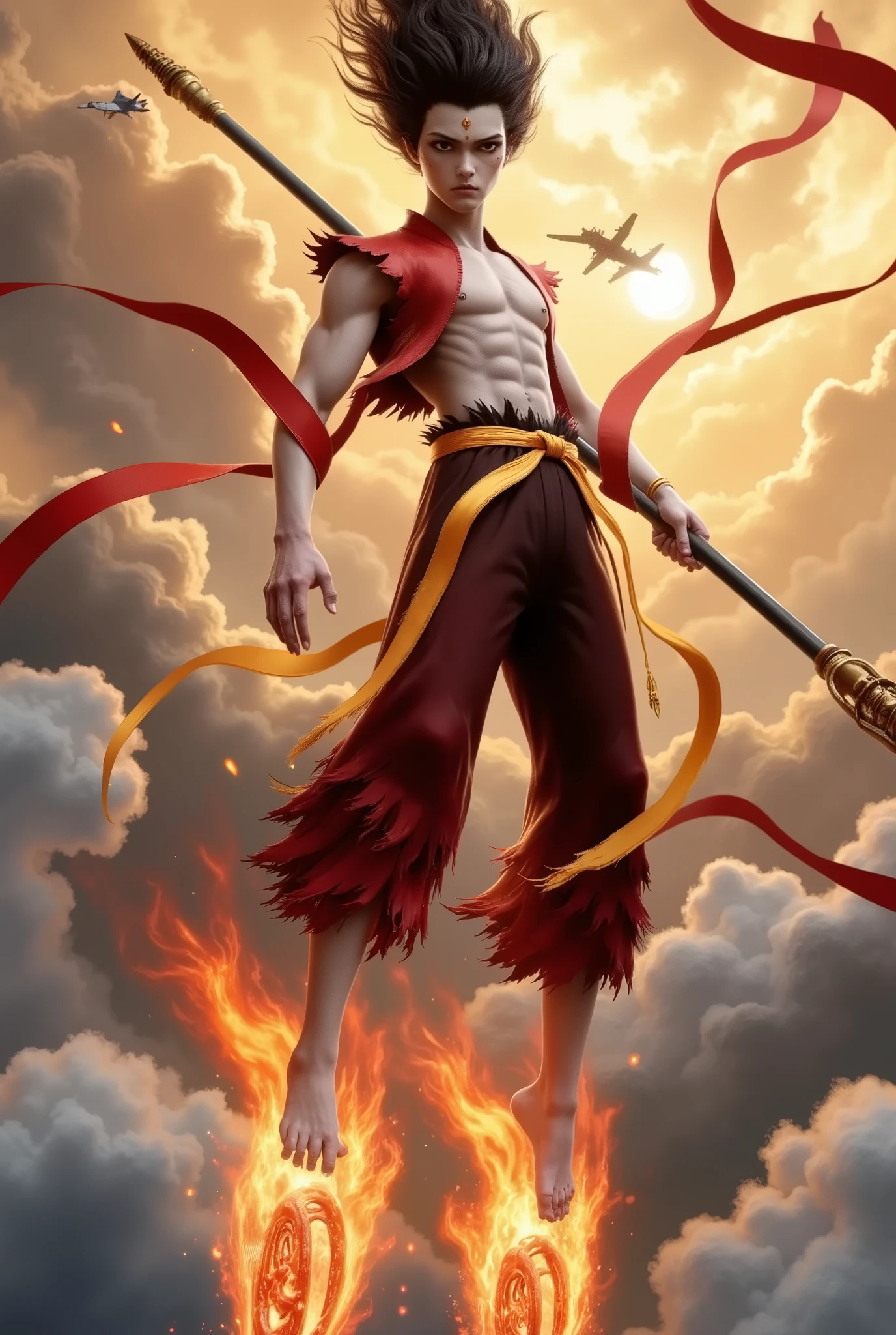 ultra realistic, ultra realistic, K,soldier,warrior,mecha hand, An 18-year-old handsome Nezha soaring, wearing a powerful mech shoulders, holding a flaming spear, with (two burning wheel-shaped mech flying devices below his feet). The scene is set in the clouds, where he battles multiple fighter jets, with laser beams and explosions in the background. His mech shoulders are the futuristic transformation of his traditional attire, showcasing his muscular with well-defined ((chest, abs, arms, and legs)). extending from their back, resembling mechanical tools, as white long belts, around him. The design emphasizes both his strength and agility, blending the mythological with high-tech, dynamic combat.