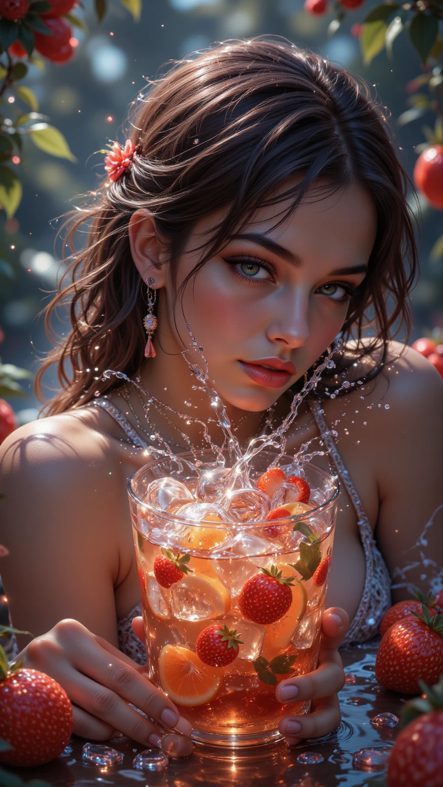 woman dressed in dress blueberries are covered with many drops of water, in the style of wet-on-wet blending, light navy and dark amber, George can, light navy and indigo, quiet potency Realism, Photorealism, Photorealistic, Hyper Real, Hyperrealistic, Realistic, Full-HD, 1080p, 16k