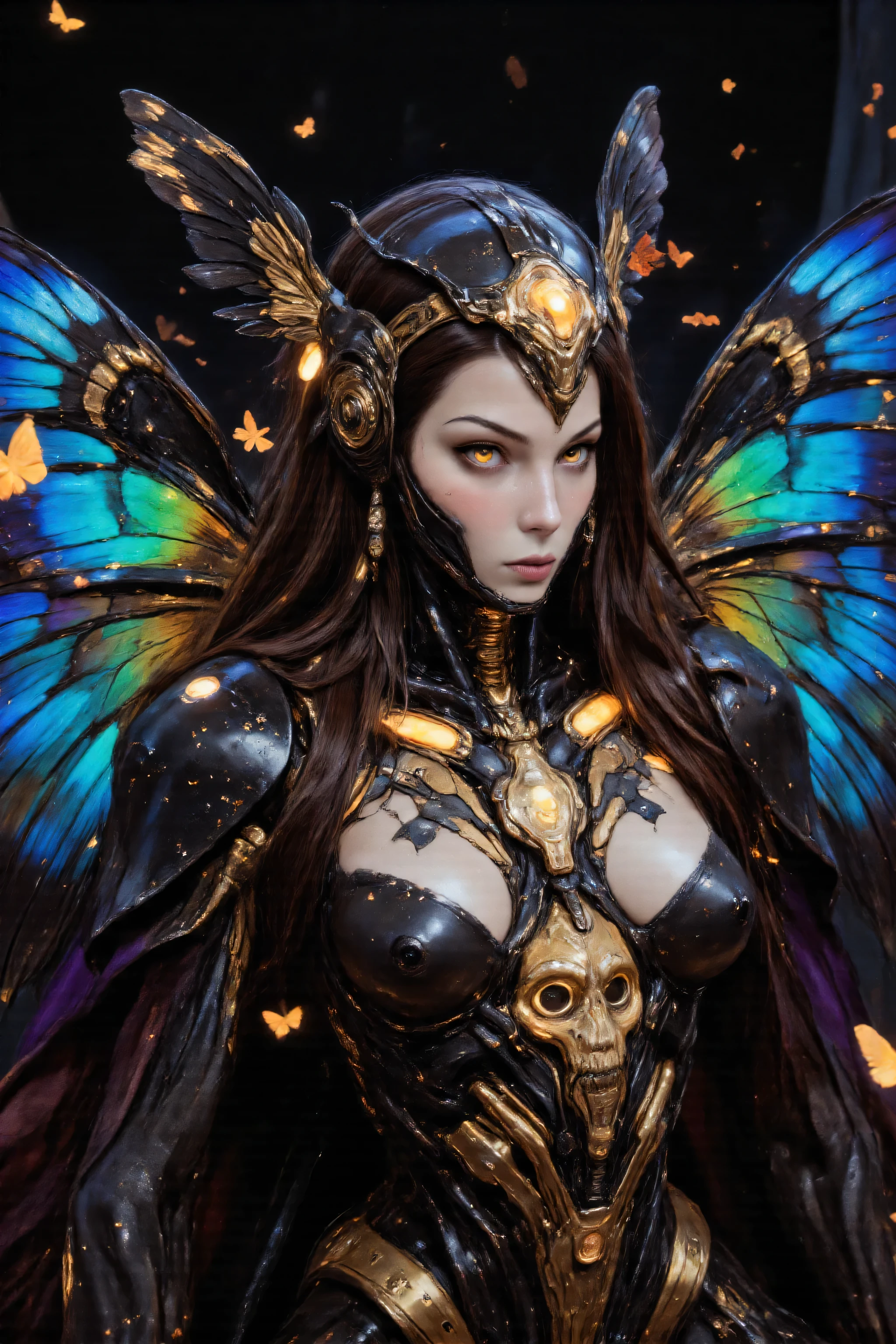 This is a highly detailed, hyper-realistic CGI artwork depicting an otherworldly, futuristic figure. The subject is a skeletal woman with a human skull for a head, adorned with intricate, ornate accessories. Her face is a hollow, white skull with glowing, amber eyes that give an eerie, lifelike appearance. Her skin is painted with a fine, intricate pattern of gold and black lines, adding to the mechanical aesthetic. She wears a helmet-like headpiece that features a stylized, ornate design with a central skull motif, flanked by large, intricate wings of a butterfly, now inspired by the Pipevine Butterfly. These wings are a striking deep blue and black, with iridescent green and purple highlights that create a mesmerizing, shifting effect in the light. The wings should have a sleek, angular shape with dramatic curves, showcasing the bold, vibrant colors of the Pipevine Butterfly's distinctive design. Glowing accents along the edges of the wings enhance the otherworldly, ethereal quality of the image, reflecting the natural beauty and strength of this butterfly species.
Her hair is long and dark, cascading down her shoulders, blending seamlessly with the ornate headpiece. The figure's body is covered in sleek, black and gold armor with a futuristic, mechanical appearance. The armor features intricate, glowing circuits, and a chest piece adorned with a glowing, golden lion's head. Small, glowing butterflies, now resembling the striking colors of the Pipevine Butterfly, are scattered around her, adding to the surreal atmosphere. The figure is set against a dark, vast backdrop with hints of vantablack, emphasizing the mysterious and mesmerizing aura of the artwork.