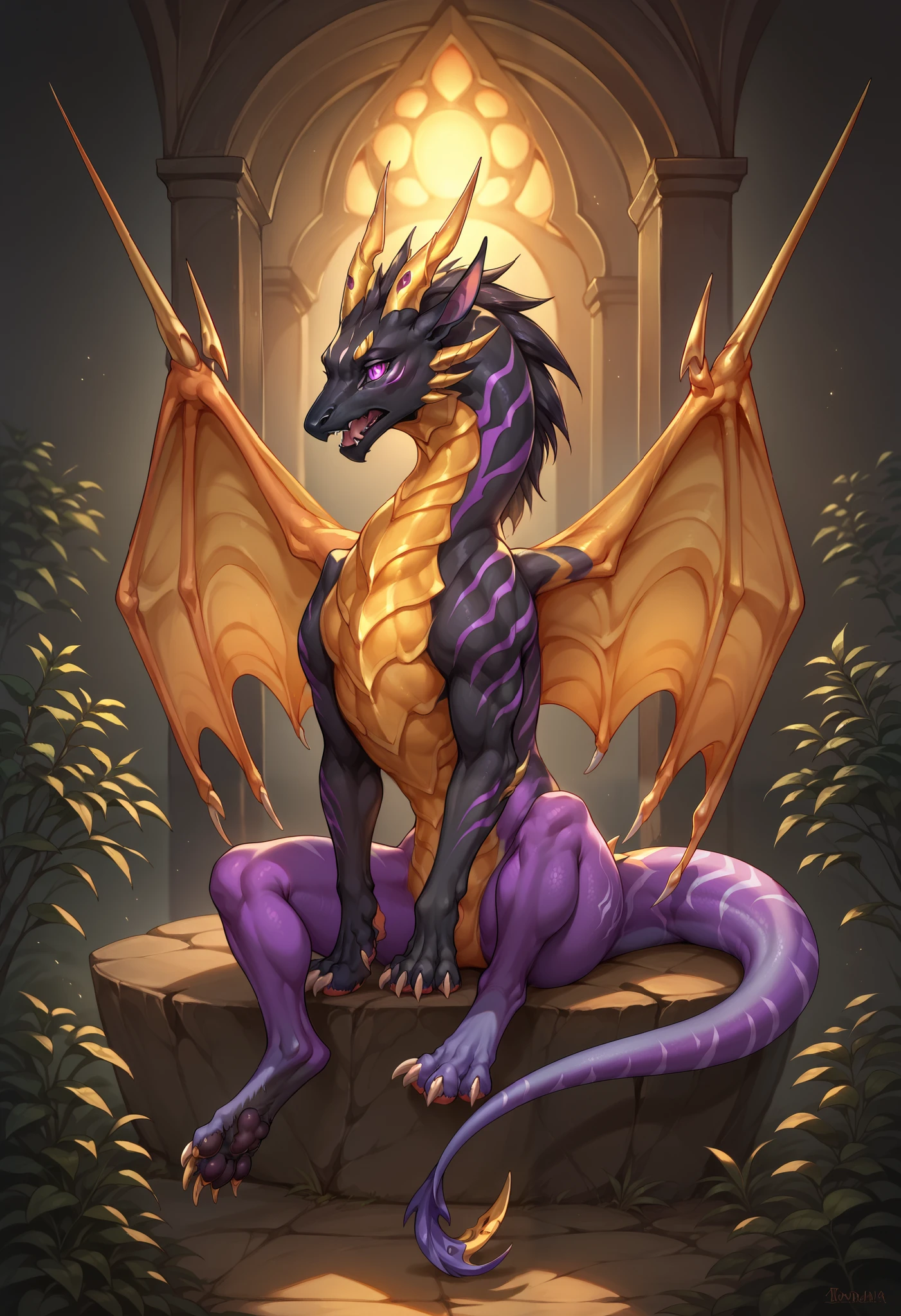 score_9, score_8_up, score_7_up,solo, Eothos, dragon,((feral)), golden mark on forehead, front half of body black with golden stripes, black muzzle, black long black ears, long straight golden horns, golden glowing eyes without pupils, two purple stripes under eyes, golden eyebrows, back half of body purple, (orange front legs ), hind legs purple, long white claws on paws, long purple tail with white stripes, white tassel at end of tail, wings,  petite figure, 18 years old, nude, sexy pose, outside, savannah landscape, ((in a secluded grotto)), ((sit)), prisoned, in chains, scared,  detailed background, paws, pawpads, four toe