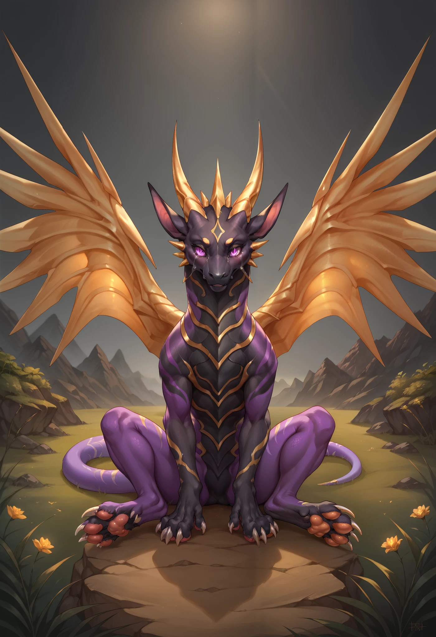 score_9, score_8_up, score_7_up,solo, Eothos, dragon,((feral)), golden mark on forehead, front half of body black with golden stripes, black muzzle, black long black ears, long straight golden horns, golden glowing eyes without pupils, two purple stripes under eyes, golden eyebrows, back half of body purple, front legs orange, hind legs purple, long white claws on paws, long purple tail with white stripes, white tassel at end of tail, wings, petite figure, 18 years old, nude, sexy pose, outside, savannah landscape, ((in a secluded grotto)), ((sit)), prisoned, chains, crying, scared, detailed background, paws, pawpads, four toe