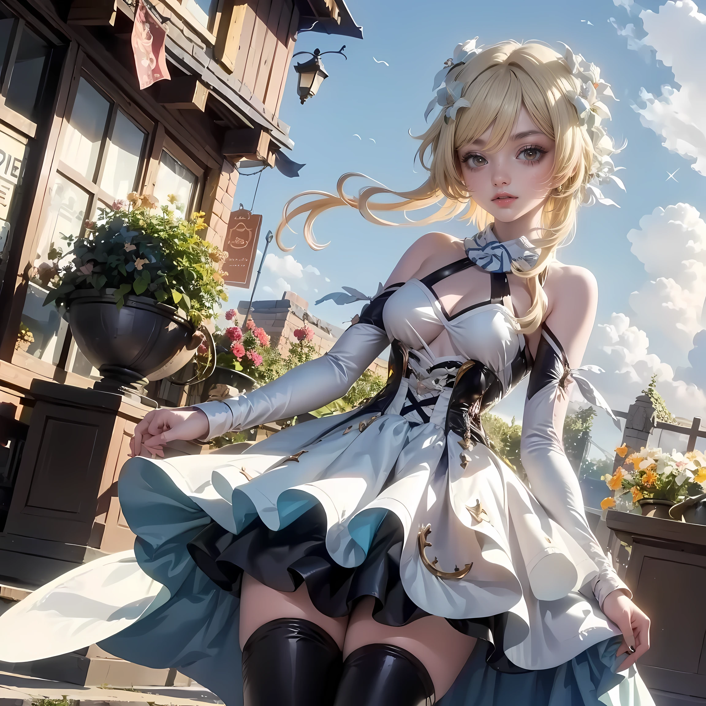 1girl, dress, solo, ahoge, armpits, bare shoulders, glow eyes, maid dress with bare shoulder, prescription glasses, buns hairstyle, chest sarashi, collarbone, cowboy shot, stomach, strapless, white apron, maid dress, maid, streaked hair, thigh gap, very long hair, long flowing hair, floating hair, multicolored hair, magical girl, perfectly body, gold jewelry, twintails, jewelry, Cute beautiful slim hair, with big lips, freckles, blue eyes, long hair with long straight hair and bangs, perfect body, perfect hands,In black tights, thick thighs, prescription glasses, maid uniform, maid dress, maid apron, skirt with layers, lux garden, sitting on the garden grass, gold jewelry, more details, best quality, blushing, maid headdress, maid dress with too many frills, short skirt, sparkle, centered girls, cowboy shot, glowing hair, magical girl, sparkles, more details on her clothes, dress with transparency, golden details on her dress, night