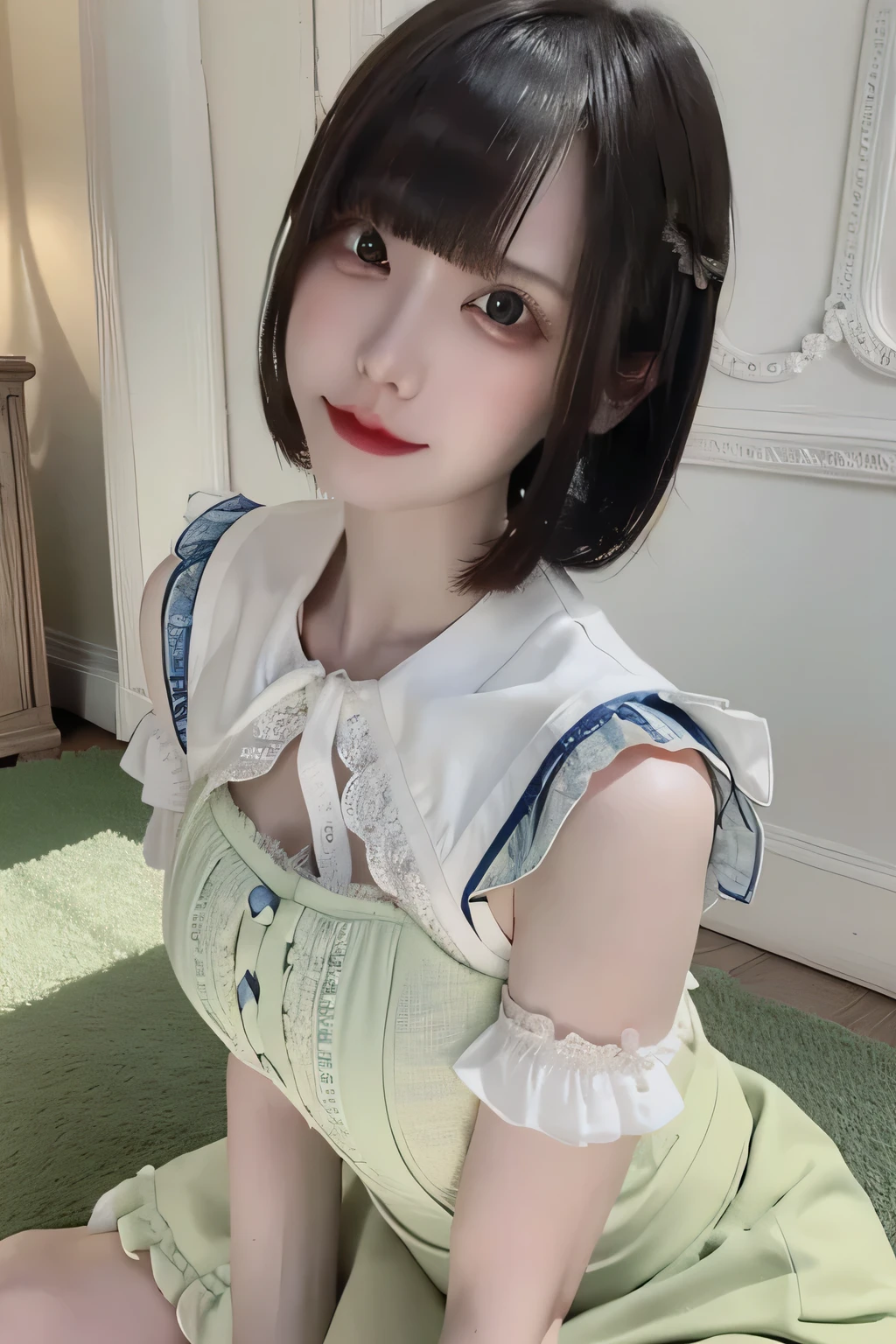 ((Highest quality)),(Ultra-high resolution),(Very detailed),(Detailed Description),((The best CG)),(masterpiece),Very detailedなアート、Small breasts、Whitening 1.5、Translucent white skin、(((Naked 1.5)))、High Leg 1.4、Ribbon hair ornament、(((Twin Tail Hairstyle 1.5)))Tying up hair、Glitter Necklace、Ultimate Beauty 1.5、((( 1.5)))、Open your mouth、(((Mid shot photo 1.5)))、(((Kneeling 1.5)))、