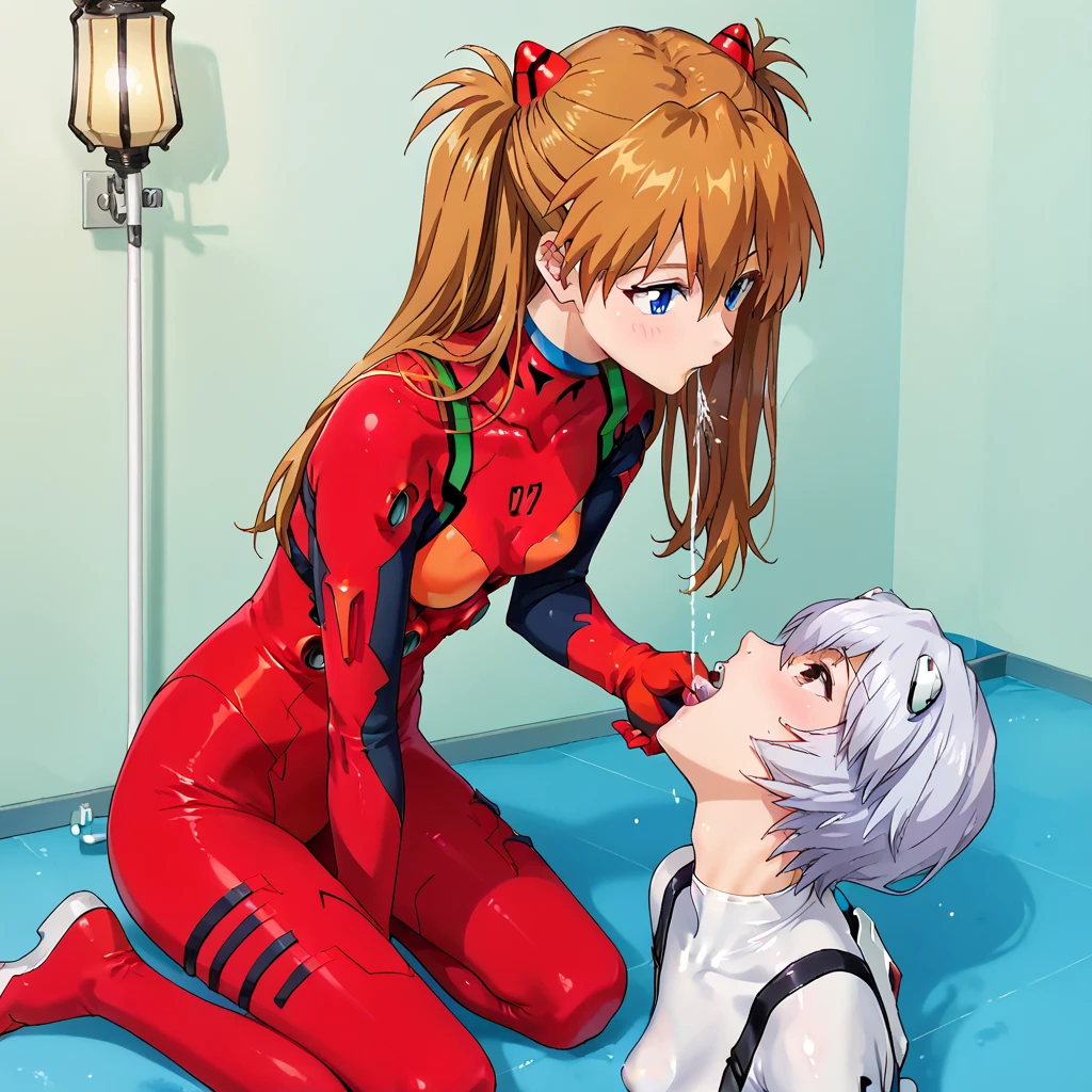 (Highest quality, High resolution), ((Two people)), ((ayanami gives fellatio to souryuu_明日香_langley:1.4)), , (bukkake:1.4), futanari, fellatio, (ayanami),  (souryuu_明日香_langley, bodysuit, red_bodysuit, neon_Genesis_evangelion, medium_breasts, plugsuit), (nsfw:1.5)