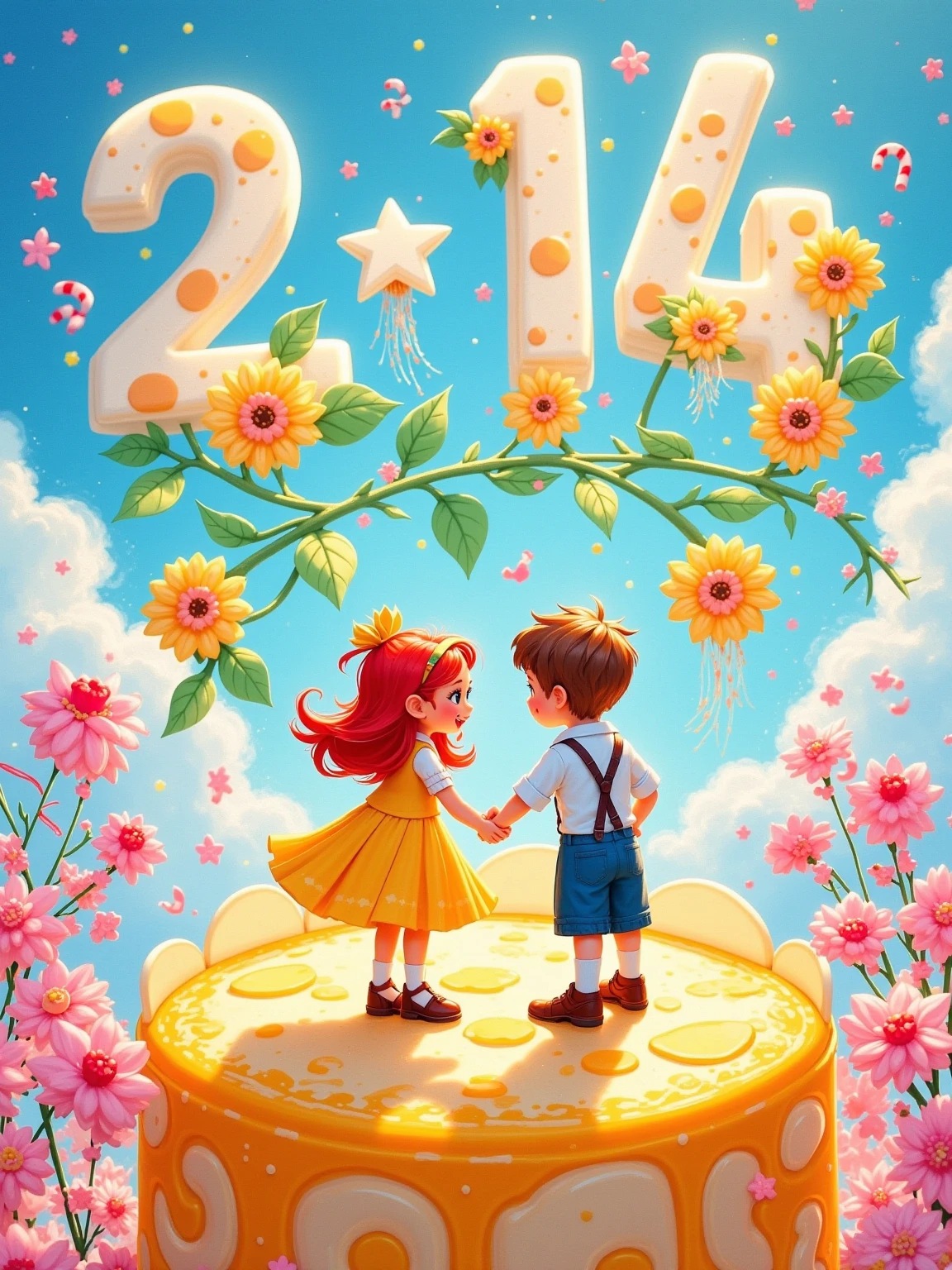 Translucent gouache texture, Artistic white space utilization. Miniature couple standing on a moon made of cheese, the girl's skirt billows like a milky way, and the boy's suspenders become shooting stars streaking across the sky. Floating jellyfish made of cotton candy and candy canes are in the background. A gouache sunflower composition forms the number "2.14", and the digital rendering simulates the smoothness of porcelain and the rich layering of gouache colors.