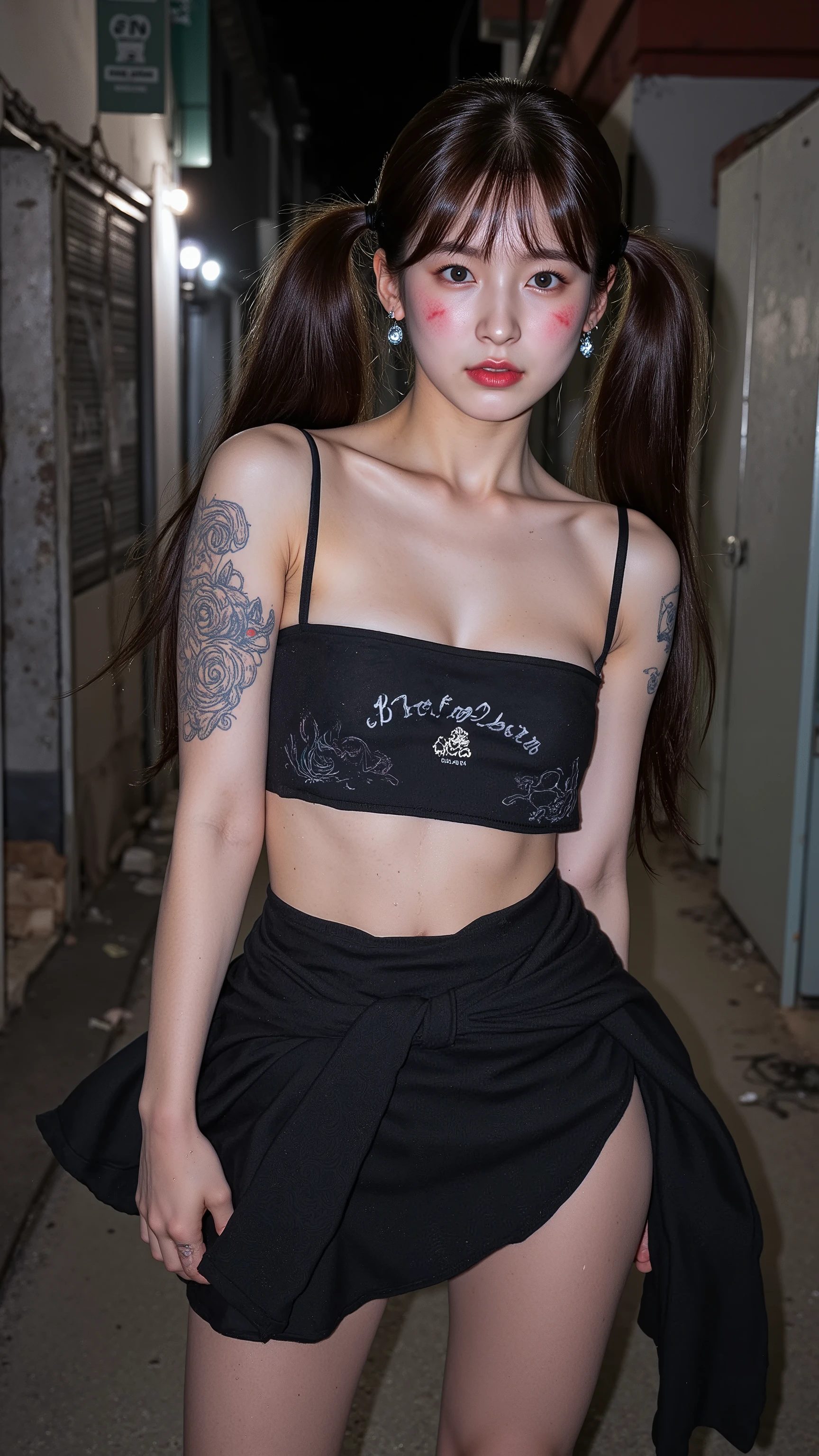 NSFW, xlr_skin,
Film camera depiction,
Taken with a high-dispersion high-end lens,
Wide-angle lens,
Full-body shot,
at night,
A beautiful Korean girl is attracting customers at in the slums,
The girl has a very beautiful face, but unfortunately she has a large scar on her right cheek,
((The scars have become ugly keloid scars)),
She was a member of a Korean idol group but retired due to her scars on face,
Before she ended up in this slum, she was used by bad people and had scars all over her body,
She has many tattoos,
One of them is a picture of poop,
Another has the words "Sluty Arin" carved into it,
In the slums, she became very dirty,
She has lots of bumps and pimples on her skin,
Twintails, high position Pony tail, longhair, bang,
She wears short skirt dress for idol stage that look like rags,
She smells like filth,
She is high on drugs,
She does not refuse any sexual acts,
She will even have sex with a dog,
hovels and two- or three-storey rundown apartments built close together,
very narrow alleys where it's difficult for people to pass each other,
she is second hands,