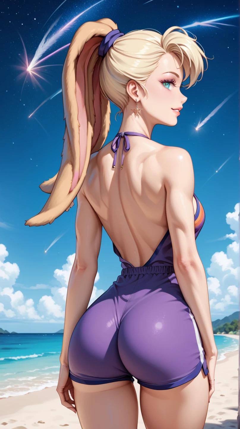 RAW photo, (high detailed skin, detailed eyes:1.1), intricate details, best quality, 8k uhd, soft lighting, Vegetto, breasts, (female:1), 1girl, solo, earrings, jewelry, white gloves, spiked hair, dougi, smile, blonde hair, green eyes, super saiyan, yellow aura, Bikini, thick ass, huge breasts, muscular female, on water, swimming