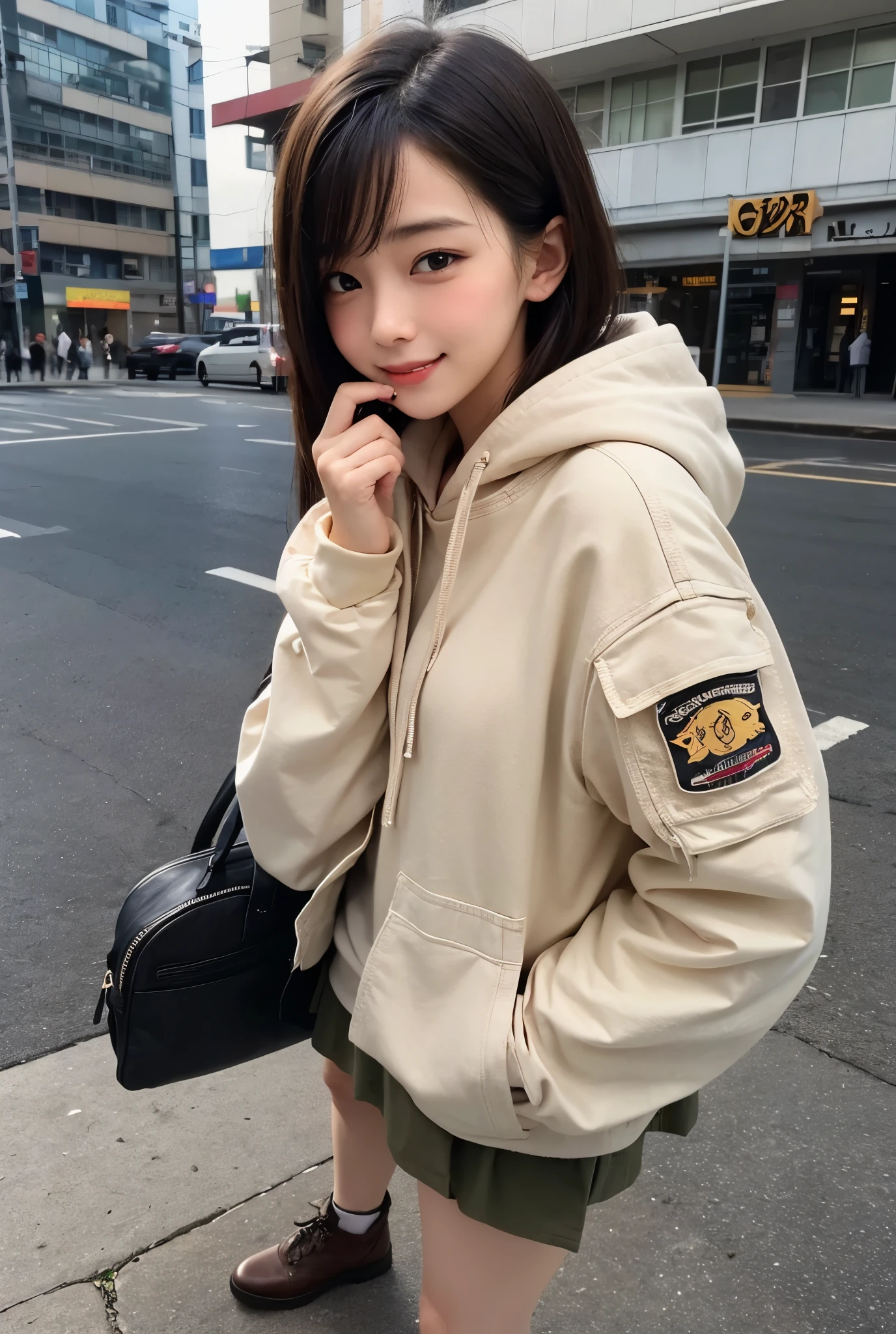 (((masterpiece))),((( best quality))),(((superb clarity))),unparalleled detail,first-class quality,hyper-realistic,life-like,(((catchlight:1))),(((semi-backlit:1.1))),(((reflector effect))),best lighting, BREAK,1cute girl,ars old,short hair, black hair))),BREAK, (((nose blush))),(((shy smile))),(((golden ratio beautiful girl:1.2))),(innocent beauty:0.5),(beautiful girl with a well-balanced ishness and maturity:0.5),(((absolute beautiful girl:1.1))),Ogee curve,best Esthetic line,beautiful face line,
BREAK,,(fashionable clothing),(Y-line silhouette),(((girly casual outfit:1.2))),(((military
flight jacket,MA-1))),(((hoodie))),(white-lace skirt),boots,
BREAK,fantastic background,cityscape,perfect hands,perfect fingers