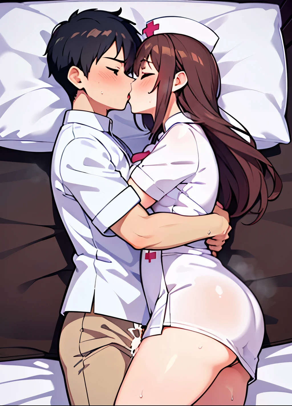 masterpiece, best quality, (nsfw:1.2),(1 boy and 1 girl are having hug:1.7),kiss,1 girl,large breasts,bedroom , (lying on bed:1.5),(steam:1.2), sweat,orgasm,cum,(white nurse:1.4)