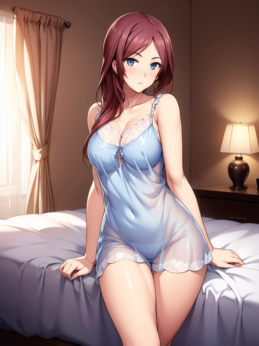masterpiece, best quality, highres, nm1, wariza, Miku Nakano, sleep dress, bed dress, lingerie, in bed, inroom, in bedroom, sit on the bed, 1 girl,