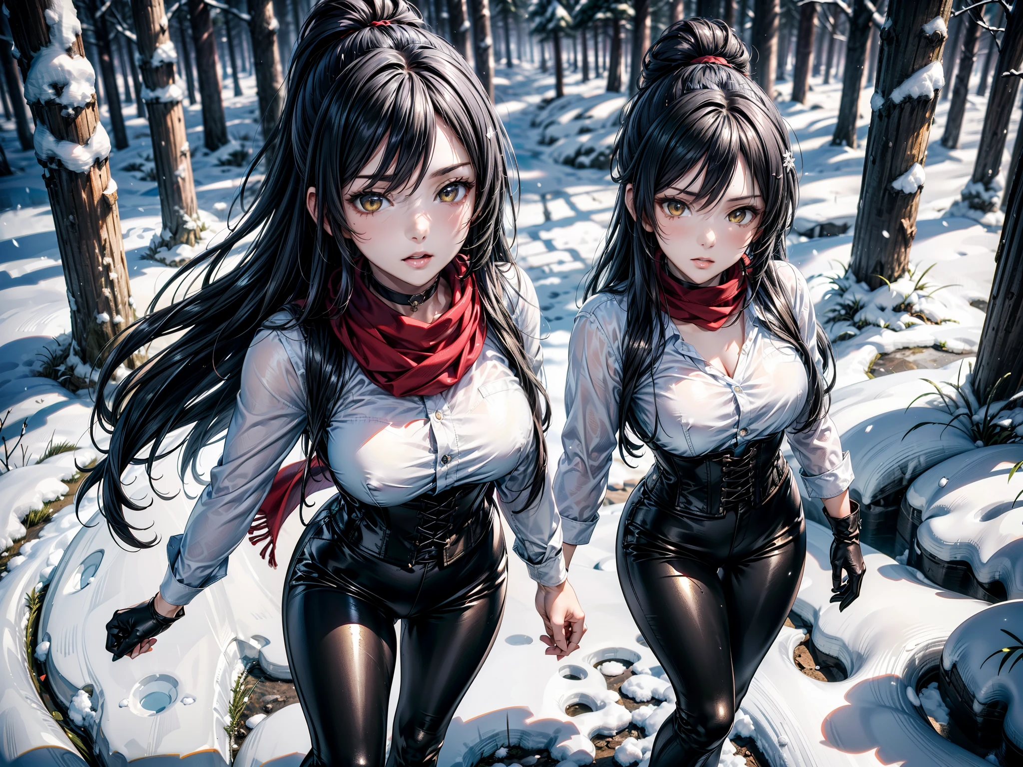 (Yaedef :1.4), 8K, highres, ultra detailed, ( masterpiece:1.4), (( perfect hands )), better quality, Sakuya Shirase, symmetrical body, sensual lips, slender legs , badass anime girl , bright clothes, beautiful, Alone, of foot, fight pose, (Hold a katana with your hand), ((view from above)), shy look, watching the spectator, long ponytail black hair, detailed face , detailed eye comforter, amber yellow eyes , choker :1.6, choker :1.6, ((red scarf)), (( long sleeve white shirt )), (( black leather corset )), ((( shiny black leggings))), ((shiny black gloves )), (( snowy forest)), blizzard, snow