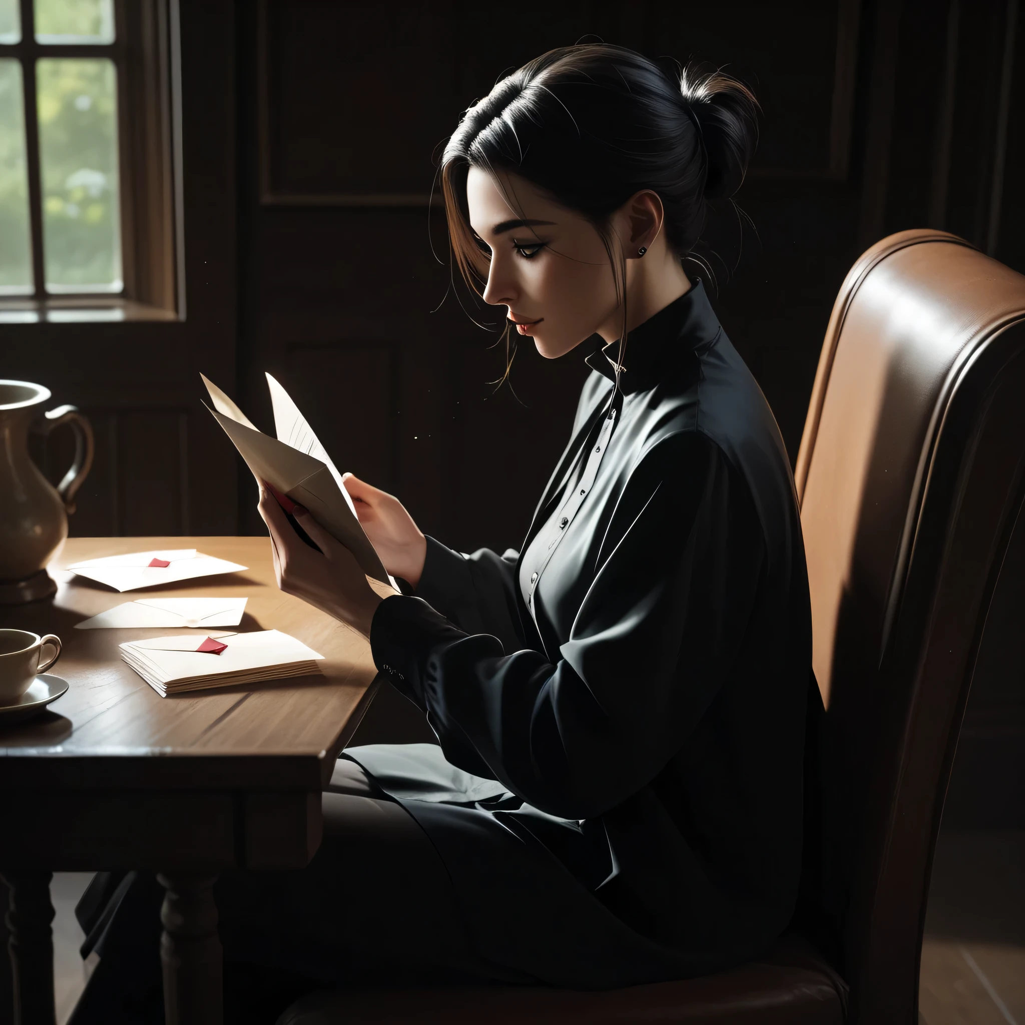 longe hair, black eyes, Sitting on a chair reading a letter.