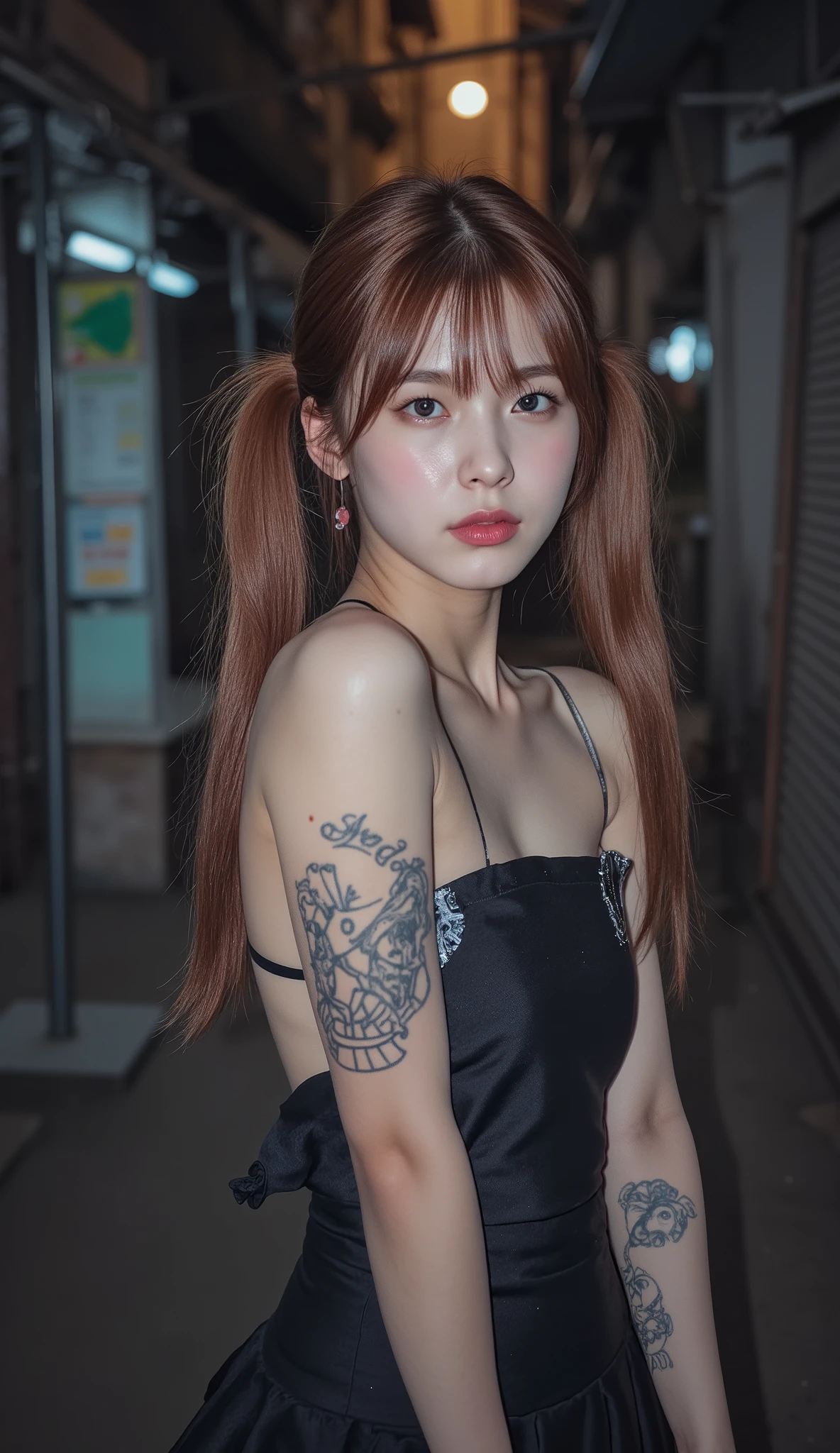 NSFW, xlr_skin,
Film camera depiction,
Taken with a high-dispersion high-end lens,
Wide-angle lens,
Full-body shot,
at night,
A beautiful Korean girl is attracting customers at in the slums,
The girl has a very beautiful face, but unfortunately she has a large scar on her right cheek,
((The scars have become ugly keloid scars)),
She was a member of a Korean idol group but retired due to her scars on face,
Before she ended up in this slum, she was used by bad people and had scars all over her body,
She has many tattoos,
One of them is a picture of poop,
Another has the words "Sluty Arin" carved into it,
In the slums, she became very dirty,
She has lots of bumps and pimples on her skin,
Twintails, high position Pony tail, longhair, bang,
She wears short skirt dress for idol stage that look like rags,
She smells like filth,
She is high on drugs,
She does not refuse any sexual acts,
She will even have sex with a dog,
hovels and two- or three-storey rundown apartments built close together,
very narrow alleys where it's difficult for people to pass each other,
she is second hands,