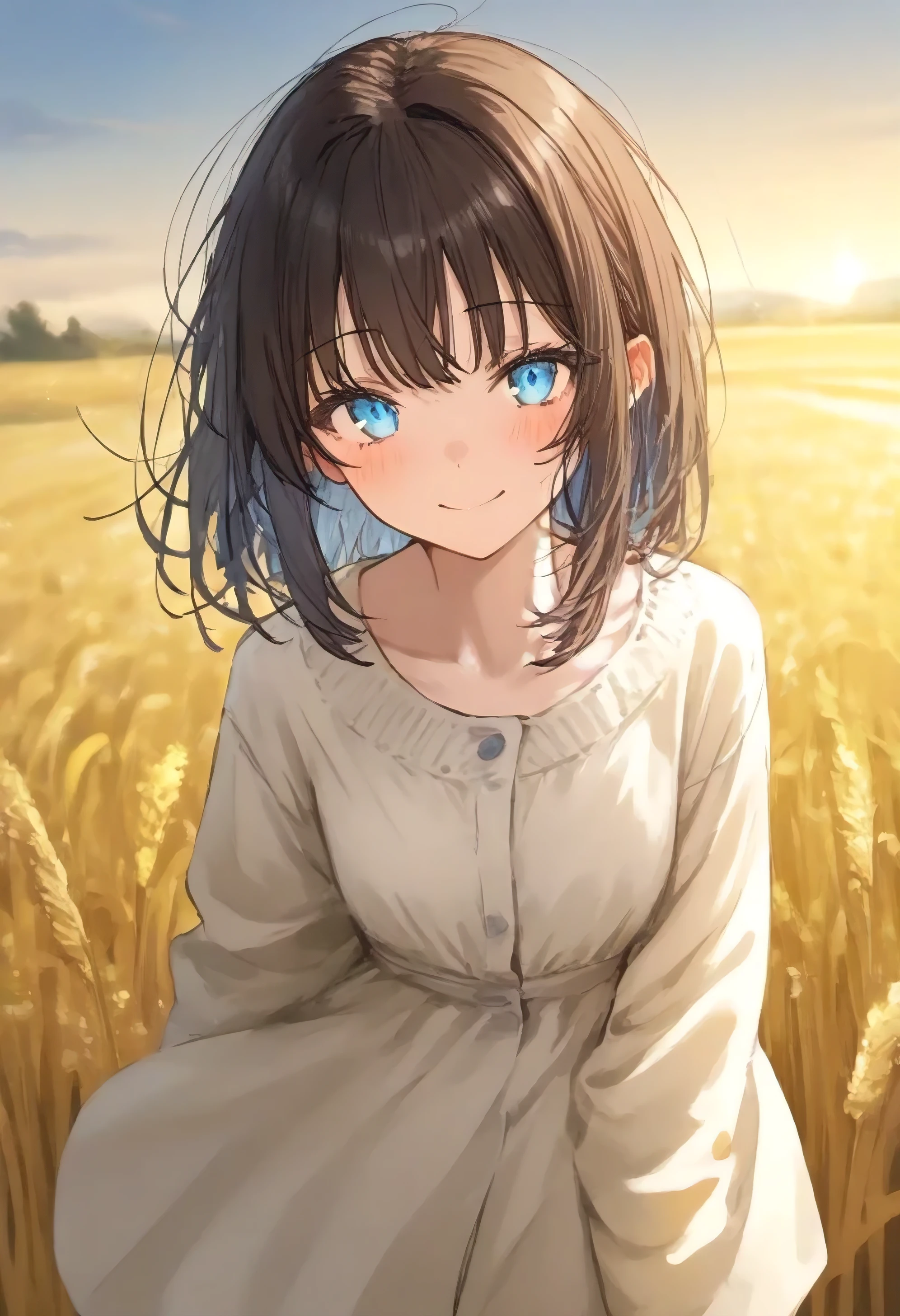  1 girl, 20 years old, Tall and attractive, かわいいカントリードレスWearing, , It stands in a rustic farmhouse setting . She is kind, A kind smile and expressive eyes.  There is a charming barn in the background ,  Golden wheat fields and clear blue skies  .  make a composition with warm golden hour light poured in,  Wearing、It highlights the peaceful serenity . Capture images that look more appealing , membrane, aruhshura 