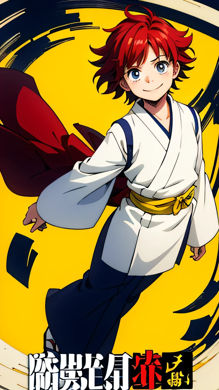 Cover for manga, -yeld chcter struggling and looking at the sky with a confident smile, white kimono open right on the chest, Red colored hair, full body, yellow background, Yellow background, character looking to the left