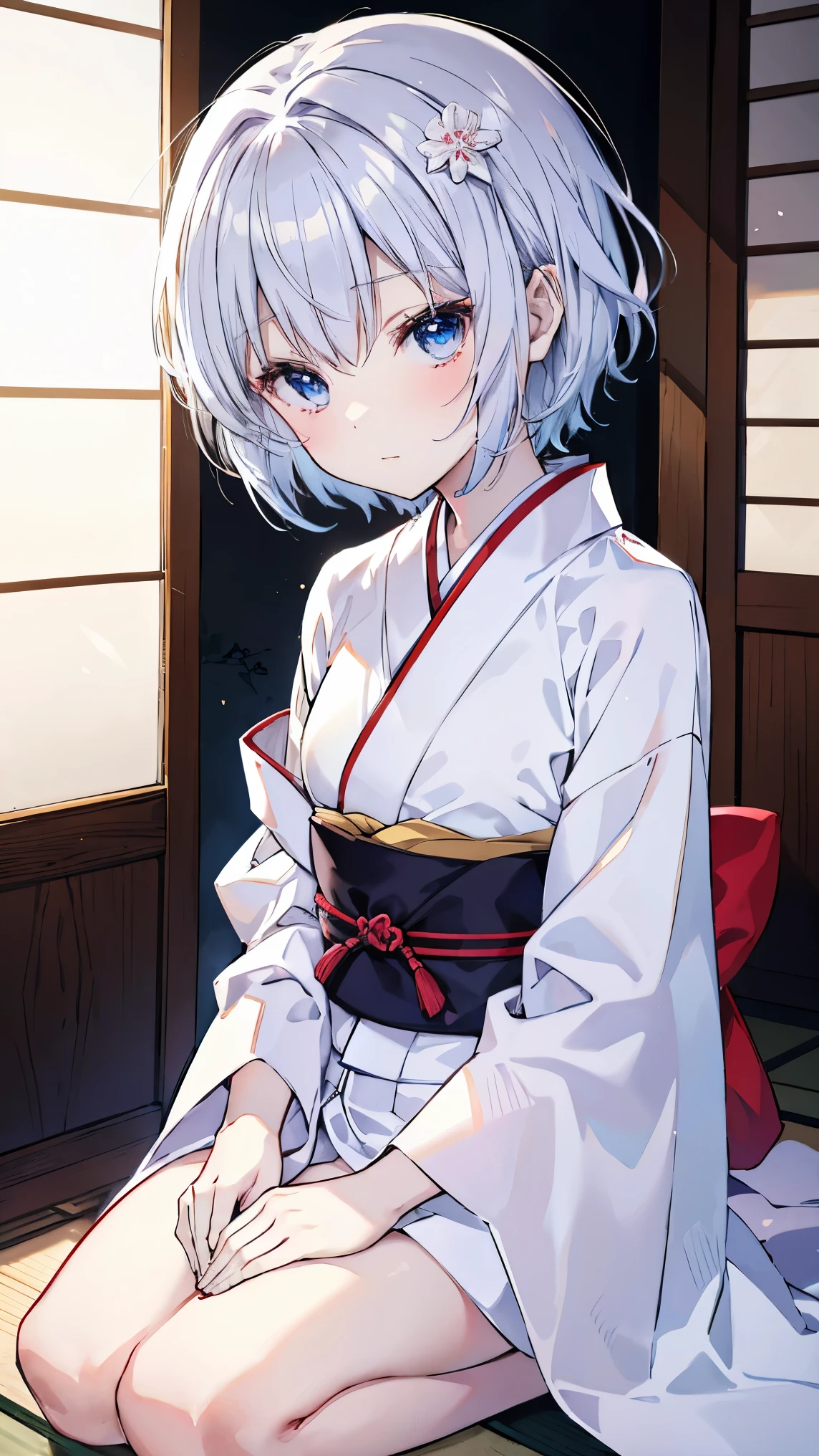  top quality、、(Whitening skin)、 Silver Hair、 Very Short Hair、 light blue eyes、Petite、 Slender、 kimono、 kimono、seiza,Shogi、Small breasts、Japanese-style room, red cheeks