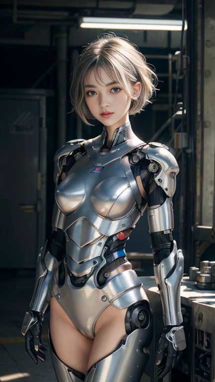 Full short hair Asian girl cyborg silver color body