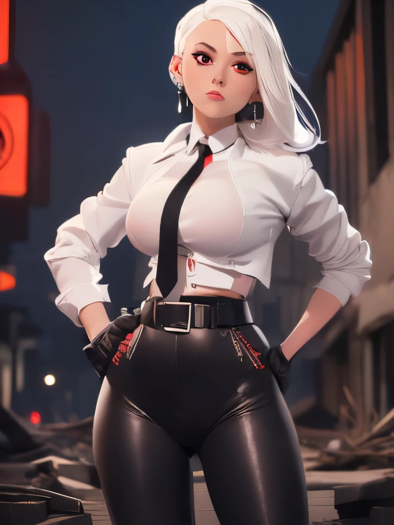 1girl, close up shot, (white hair, medium hair, large breasts, red eyes), perfect anatomy, city, cyberpunk style, ((white shirt, black jacket, black skirt, navel, belt, black gloves, neck tie, wrist watch, earrings, see through black leggings)), ((holding gun)), war, ruined city, battle field, rubble, buildings,cigarette