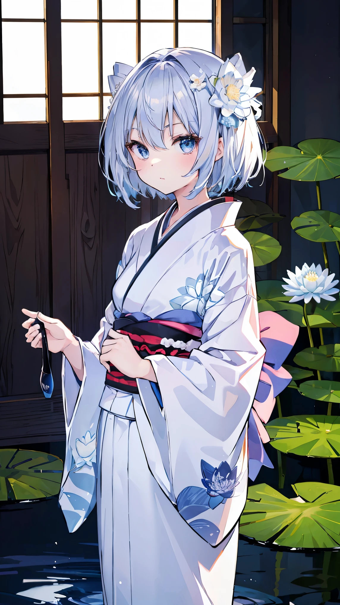 top quality、、(Whitening skin)、 Silver Hair、 Very Short Hair、 light blue eyes、Petite、 Slender、( kimono、 kimono、Water lily handle,)、Small breasts、Japanese-style room, red cheeks