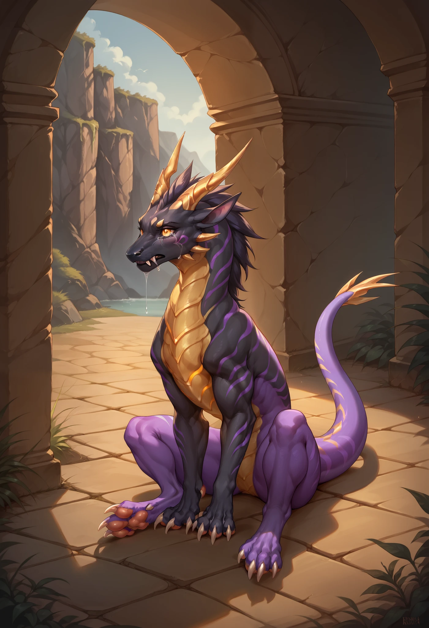 score_9, score_8_up, score_7_up,solo, Eothos, dragon,((feral)), golden mark on forehead, front half of body black with golden stripes, black muzzle, black long black ears, long straight golden horns, golden glowing eyes without pupils, two purple stripes under eyes, golden eyebrows, back half of body purple, front legs orange, hind legs purple, long white claws on paws, long purple tail with white stripes, white tassel at end of tail,  petite figure, 18 years old, nude, sexy pose, outside, savannah landscape, ((in a secluded grotto)), ((sit)), prisoned, chains, crying, scared,  detailed background, paws, pawpads, four toe
