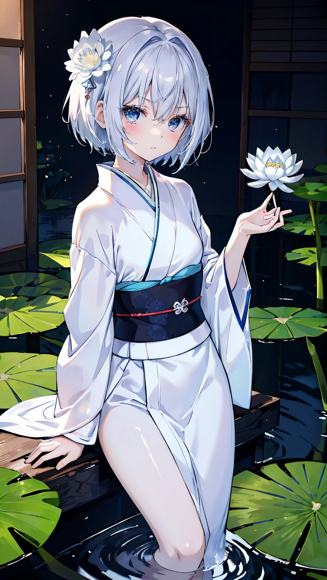top quality、、(Whitening skin)、 Silver Hair、 Very Short Hair、 light blue eyes、Petite、 Slender、( kimono、 kimono、Water lily handle,)、Small breasts、Japanese-style room, red cheeks