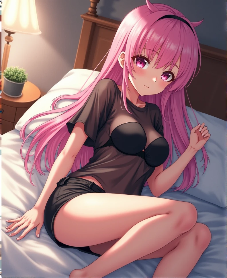 NSFW,masterpiece,Highest quality,High resolution,Very detailed,Nana Asta Deviluke\(To Love-Ru\),Pink Hair,Purple Eyes,long hair,Twin tails,tail,Devil's Tail,Small breasts,(High quality sexy dress),is nervous,(Lustful face),Nightlife,Love Hotel,(Prostitute),(Sex slave),Lying down,Lying on your back