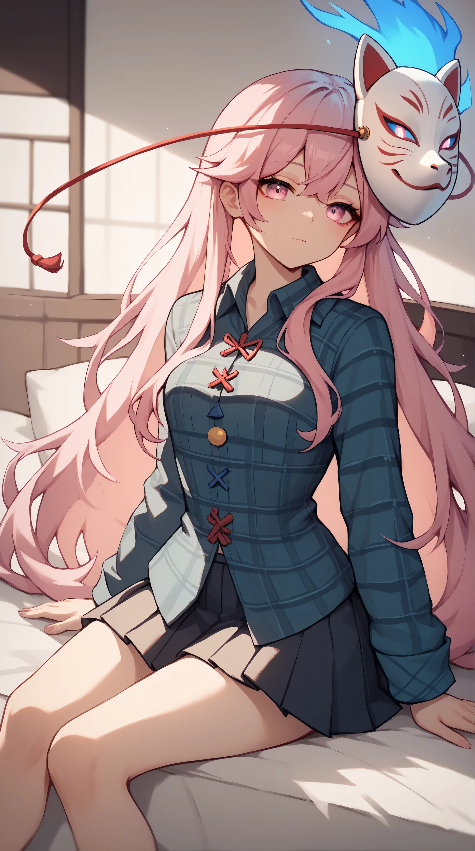 ( , the great work., top quality , , very high resolution ), 1 girl , Hata no Kokoro , Fox Mask, Pink Hair, long hair, Pink Eyes , emotionless face , , the mask is on the head , With the mouth closed , blue plaid shirt, Pleated skirt, Blue Flame, sitting on bed