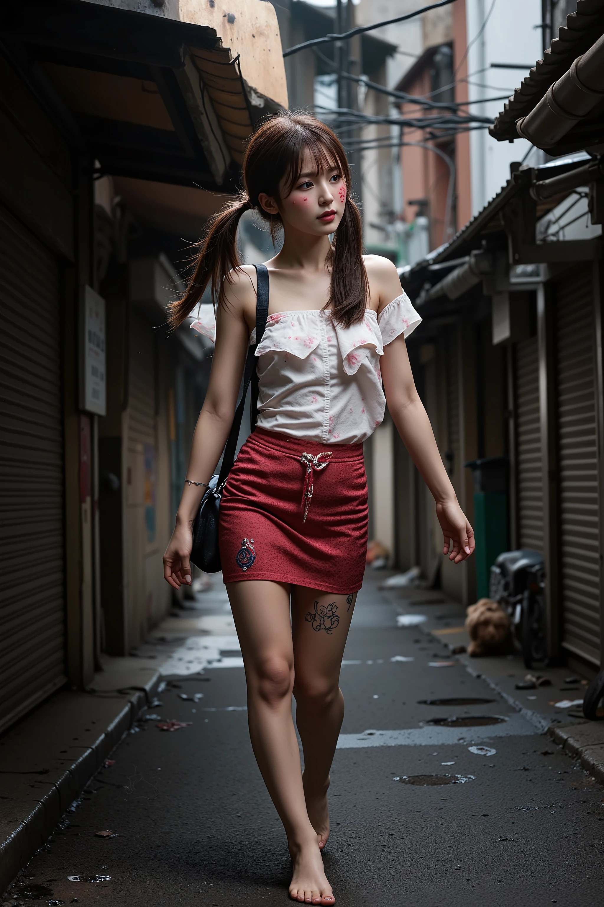 NSFW, xlr_skin,
Film camera depiction,
Taken with a high-dispersion high-end lens,
Wide-angle lens,
Full-body shot,
at night,
A beautiful Korean girl is attracting customers at in the slums,
The girl has a very beautiful face, but unfortunately she has a large scar on her right cheek,
((The scars have become ugly keloid scars)),
She was a member of a Korean idol group but retired due to her scars on face,
Before she ended up in this slum, she was used by bad people and had scars all over her body,
She has many tattoos,
One of them is a picture of poop,
Another has the words "Sluty Arin" carved into it,
In the slums, she became very dirty,
She has lots of bumps and pimples on her skin,
Twintails, high position Pony tail, longhair, bang,
She wears short skirt dress for idol stage that look like rags,
She smells like filth,
She is high on drugs,
She does not refuse any sexual acts,
She will even have sex with a dog,
hovels and two- or three-storey rundown apartments built close together,
very narrow alleys where it's difficult for people to pass each other,
she is second hands,