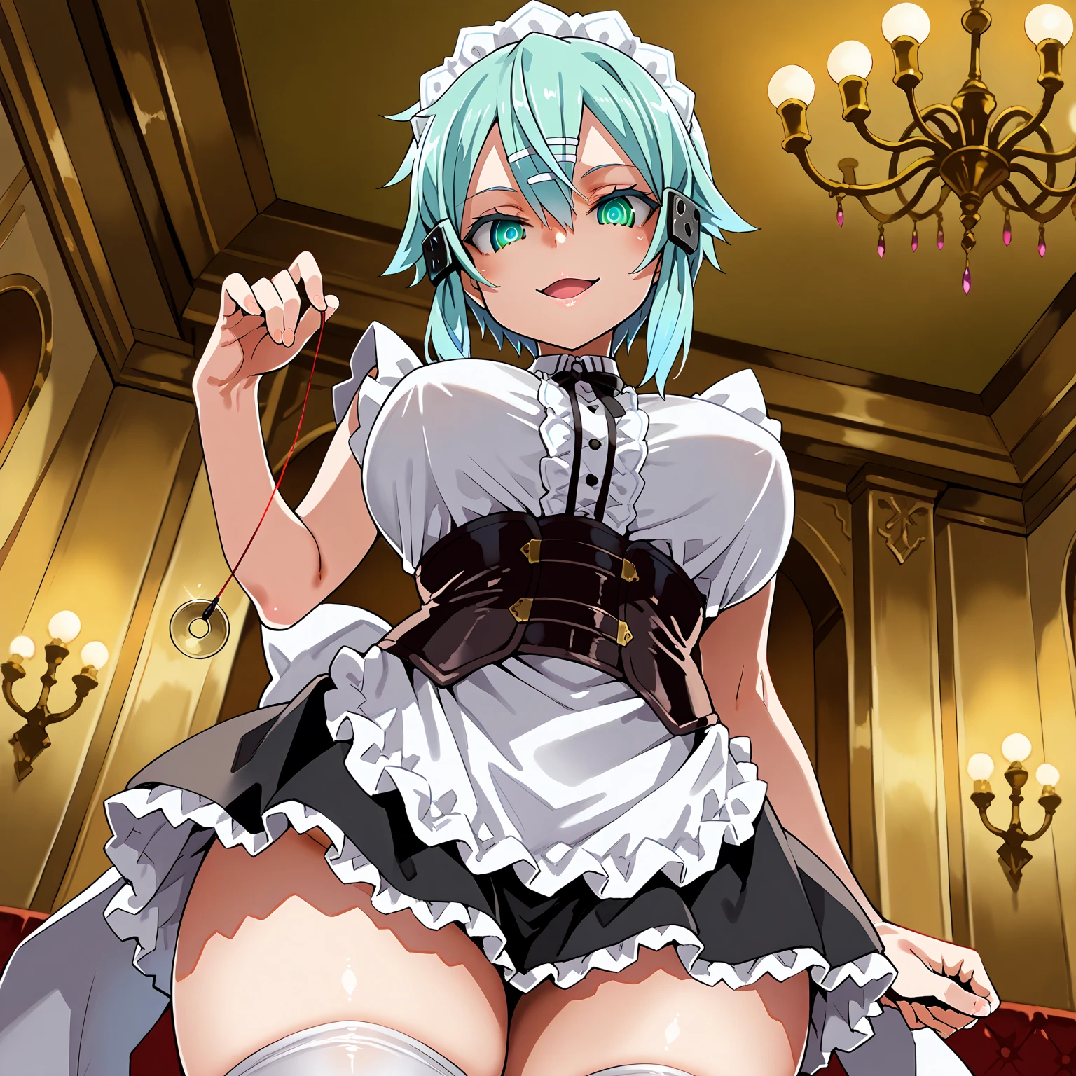 score_9, score_8_up, score_7_up, source_anime, 1girl, light green hair, very short hair, green eyes, cat ears, medium breasts, eyeglasses, micro bikini maid, headdress, blouse, skirt, apron, areola, jitome, private room, mansion,
