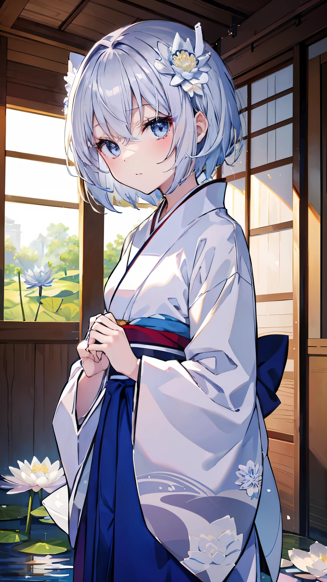 top quality、、(Whitening skin)、 Silver Hair、 Very Short Hair、 light blue eyes、Petite、 Slender、( kimono、Hakama, kimono、Water lily handle,)、Small breasts、Japanese-style room, red cheeks