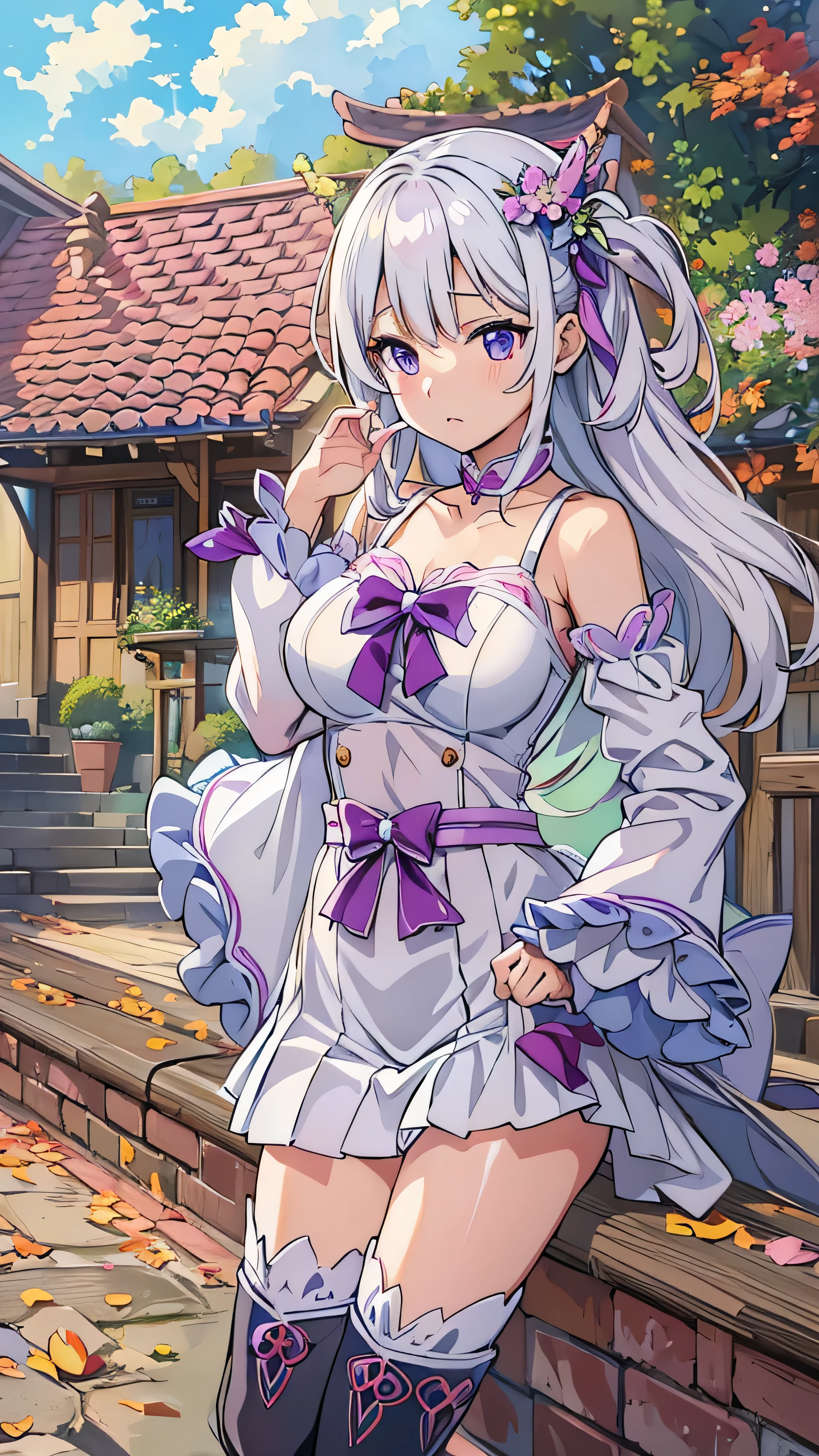 Anime girl in a white dress and purple bow posing for a picture - SeaArt AI