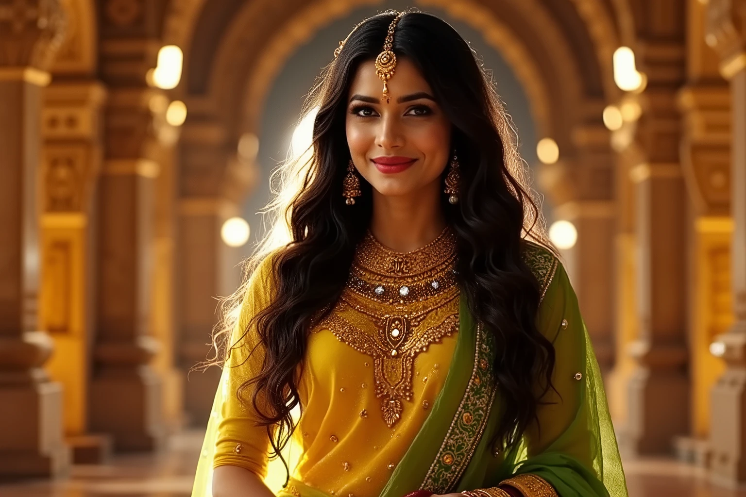 Priya, Indian young woman, in her late twenties, a vibrant and energetic, stands at about 5'6, curvaceous figure, a bright yellow and green lehenga choli, long wavy black hair, deep expressive eyes, soft shade of pink full lips, natural rosy hue of cheeks, delicate gold nose ring, several bangles on her wrists, sexy facial expression, Indian traditional outfit, in the traditional Indian temple, photography, prime lens cinematic, professional, mischievous smile, horny, HDR, shot 35mm.