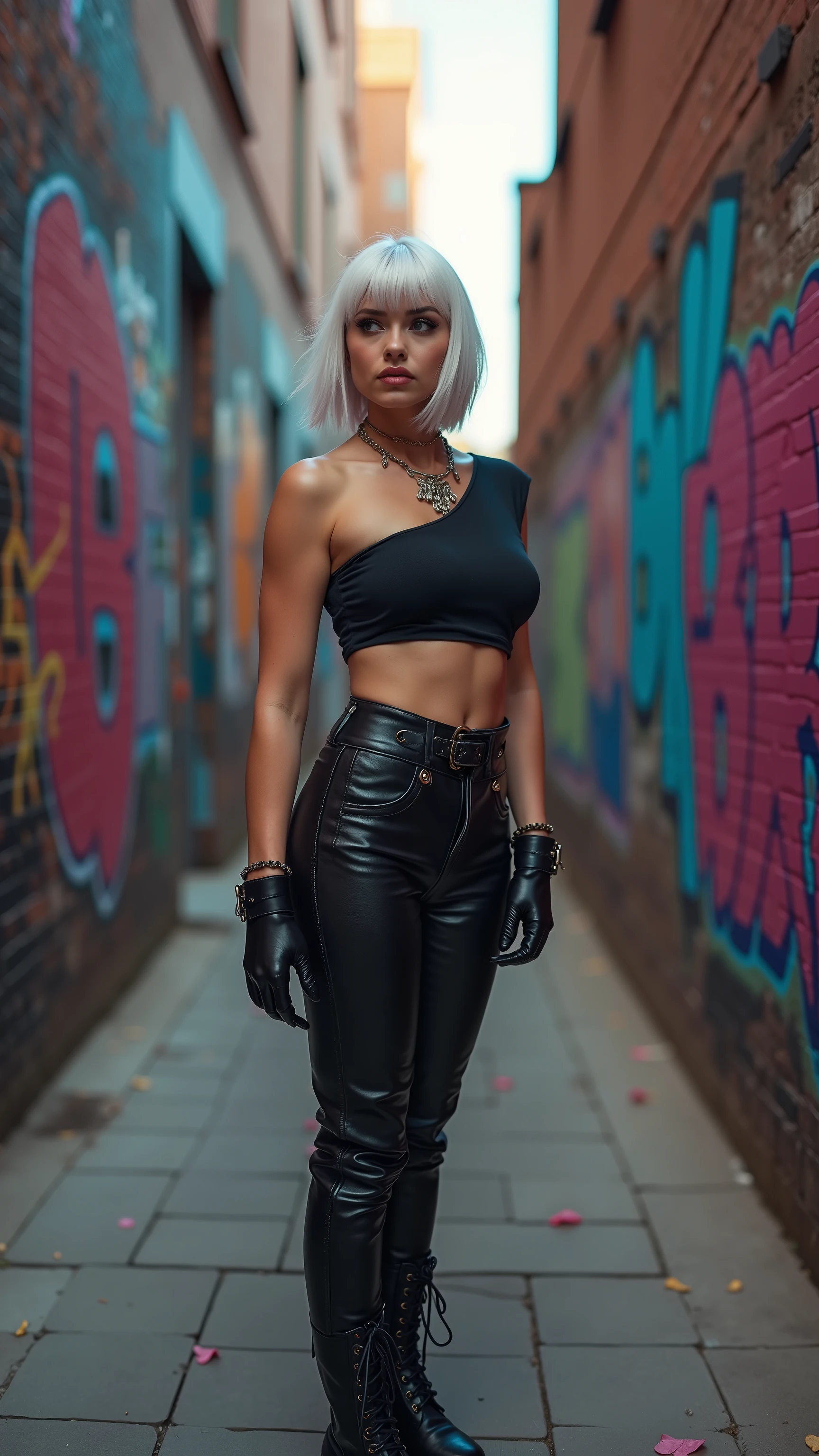 russian milf woman, grey hair (bouffant, top bun) and oversized square sunglasses and wide colourful bandana as headband, with very light green eyes, extremely pale. Big lips. Black lace push up bra, silicone breast,, tight skinny black low rise leather jeans with zippers in pockets and bra. Flip flops. Lots of thick wide studded bracelets, chain collars and big rings,. Big Security ID card. Carrying an AR-15. Two loose studded belts. Long earrings with chains and feathers. Walking, stretching her neck and looking up in surprise, craving., Neck, chest, stomach and wrists heavily tattoed. Touches the lip of her open mouth. Toned abdominals, thin neck, slim legs and thin arms. Narrow hips. Full body. At a corridor with natural light. Full body