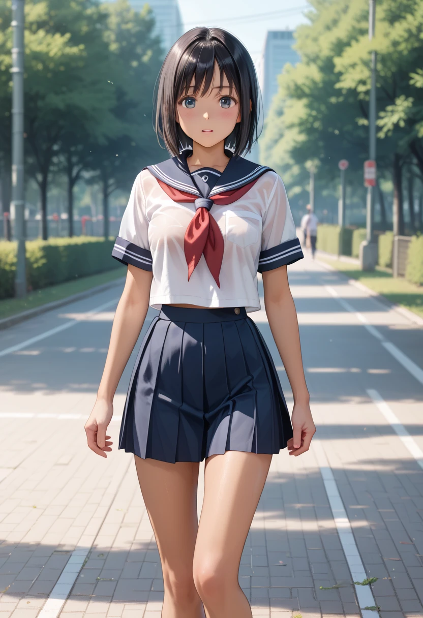 Best quality, full body focus, perfect face, soft light, ultra high res, 8k, Masterpiece, , , view the viewer, full body , Front view, 1girl, , Cute face, (blue eys:1.5), (brown very short hair), beautiful Big breasts, , Beautiful boob, Beautiful finger, Beautiful hands, Beautiful arms, Beautiful feet, Beautiful legs, (high resolution detail of human skin texture) , ((white short sleeves serafuku, bare legs, sandals), , Park,, , (( standing, , smiling, nose blush) , (sheer:0.3)shirt, ,)) , ,score_9, solo, no bra, no panties, ,