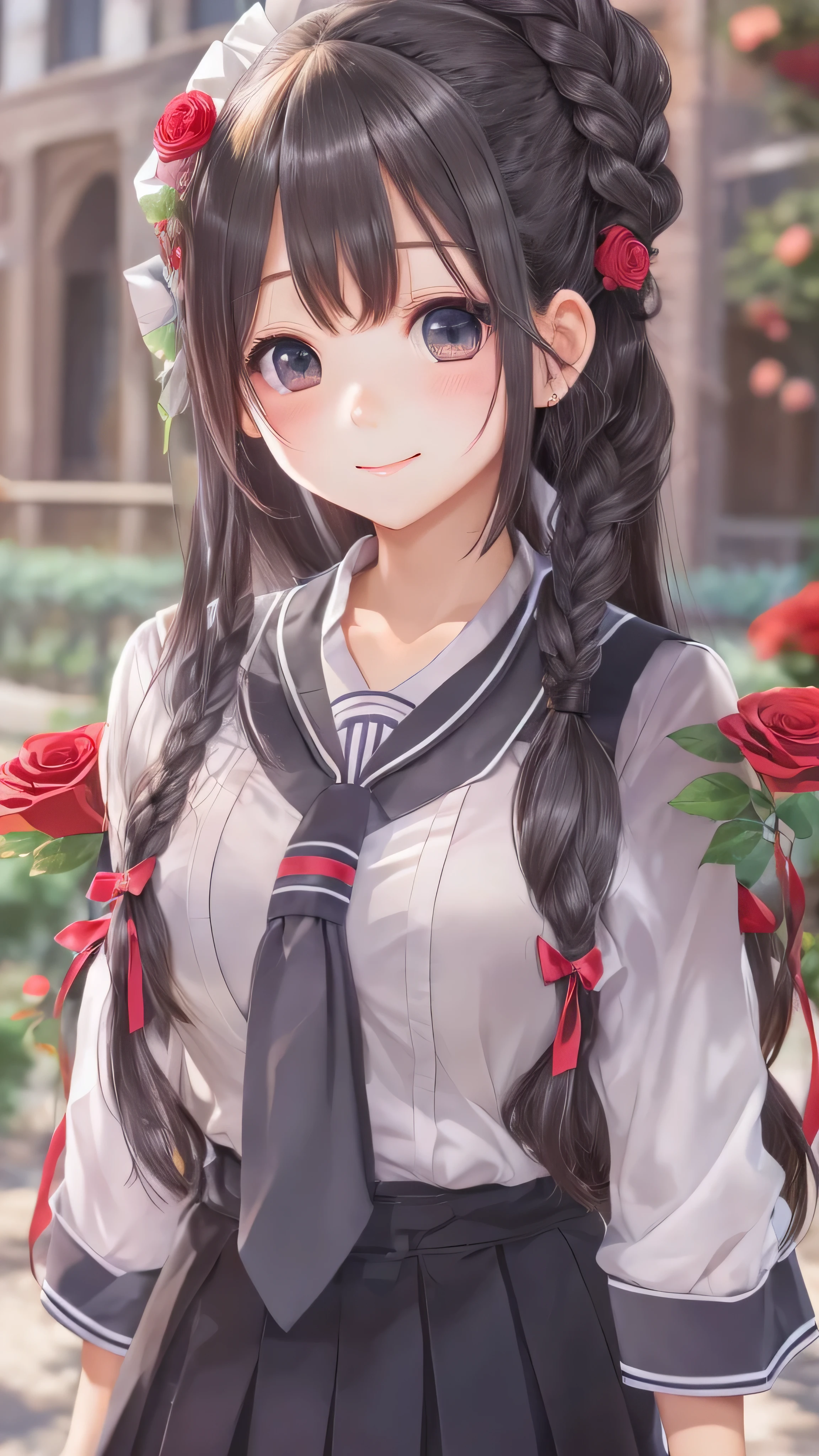 top quality, high res, 1 girl, (Big Breasts:1.2), School dark blue uniform, skirt, School, , smile, closed my mouth, is standing, School's schoolyard Tsubasa Hanekawa , long hair, black hair, hair ornament , ( facial details ), braided, hair clips, Twins Braided , The red rose bed in the schoolyard is in the background,