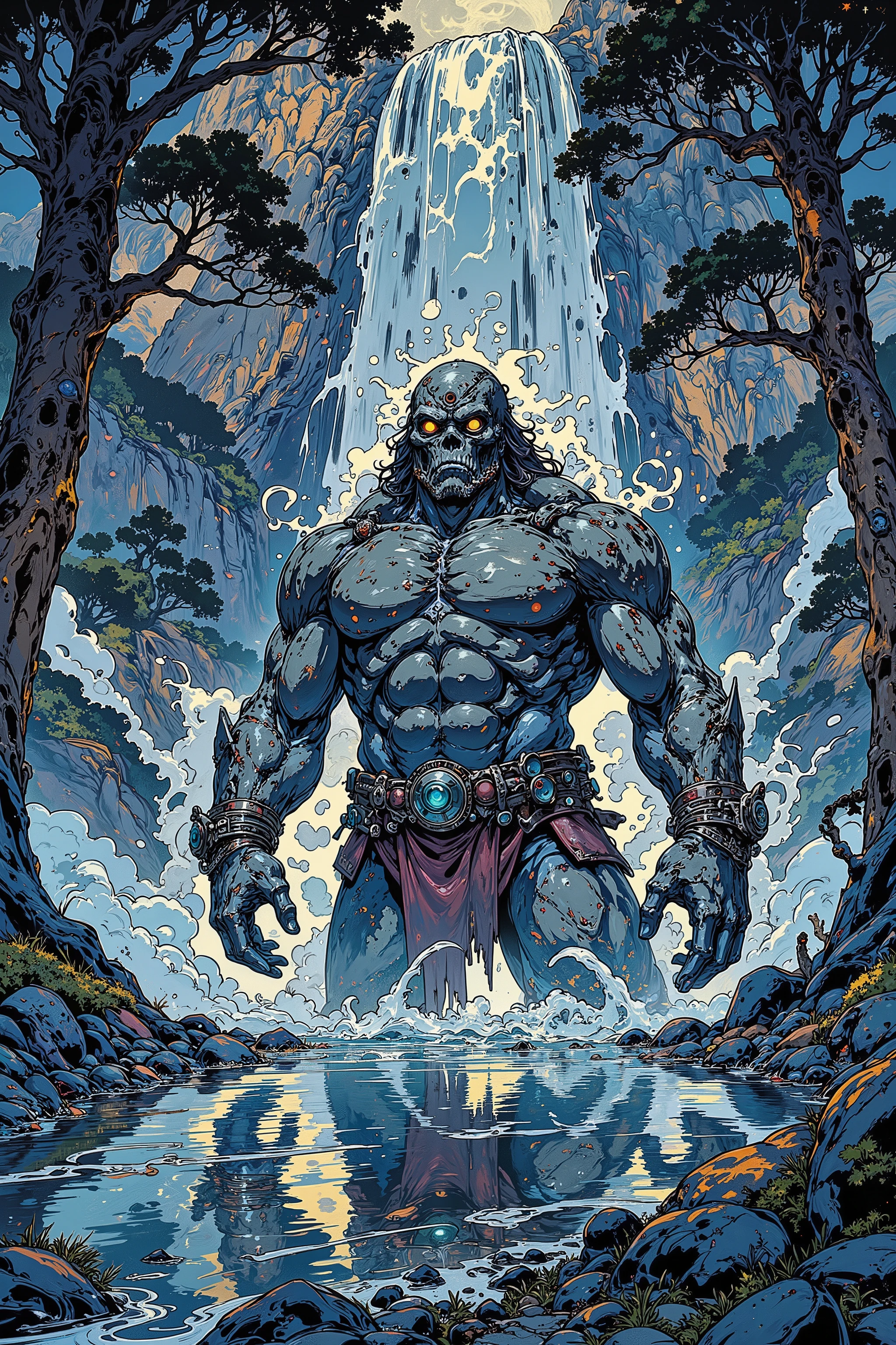 A high-resolution digital painting of a mysterious boulder giant sitting beneath a powerful streaming waterfall, its massive stone body fully exposed to the rushing water. The waterfall crashes down onto the giant’s rugged shoulders and head, creating thick, swirling mist that engulfs the scene, adding to the sense of mystery. The giant's eyes faintly glow with an ancient, mystical presence, barely visible through the mist and cascading water. The waterfall is intensely bright and detailed, with shimmering streams that reflect the moonlight, making the scene feel both dramatic and ethereal. The calm lake surface reflects the waterfall and the giant’s shadowy figure, with ripples distorting its reflection. Towering ancient trees with thick roots surround the lake, their dense foliage allowing only slivers of moonlight to filter through, casting a soft, eerie glow over the misty water. The atmosphere is haunting yet majestic, evoking a sense of forgotten power and deep mystery, making it perfect for fantasy concept art or a storybook illustration.
