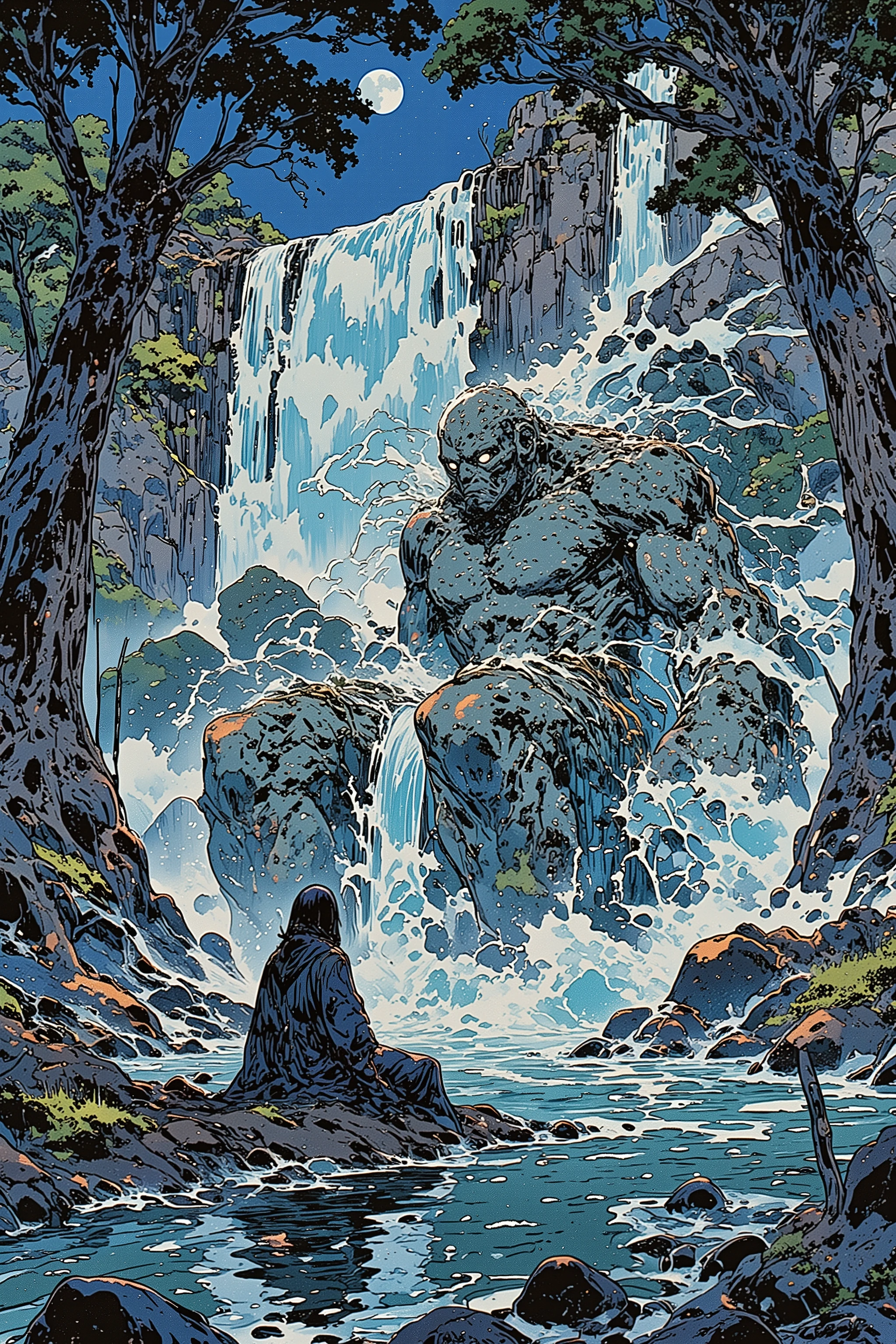 A high-resolution digital painting of a mysterious boulder giant sitting beneath a powerful streaming waterfall, its massive stone body fully exposed to the rushing water. The waterfall crashes down onto the giant’s rugged shoulders and head, creating thick, swirling mist that engulfs the scene, adding to the sense of mystery. The giant's eyes faintly glow with an ancient, mystical presence, barely visible through the mist and cascading water. The waterfall is intensely bright and detailed, with shimmering streams that reflect the moonlight, making the scene feel both dramatic and ethereal. The calm lake surface reflects the waterfall and the giant’s shadowy figure, with ripples distorting its reflection. Towering ancient trees with thick roots surround the lake, their dense foliage allowing only slivers of moonlight to filter through, casting a soft, eerie glow over the misty water. The atmosphere is haunting yet majestic, evoking a sense of forgotten power and deep mystery, making it perfect for fantasy concept art or a storybook illustration.