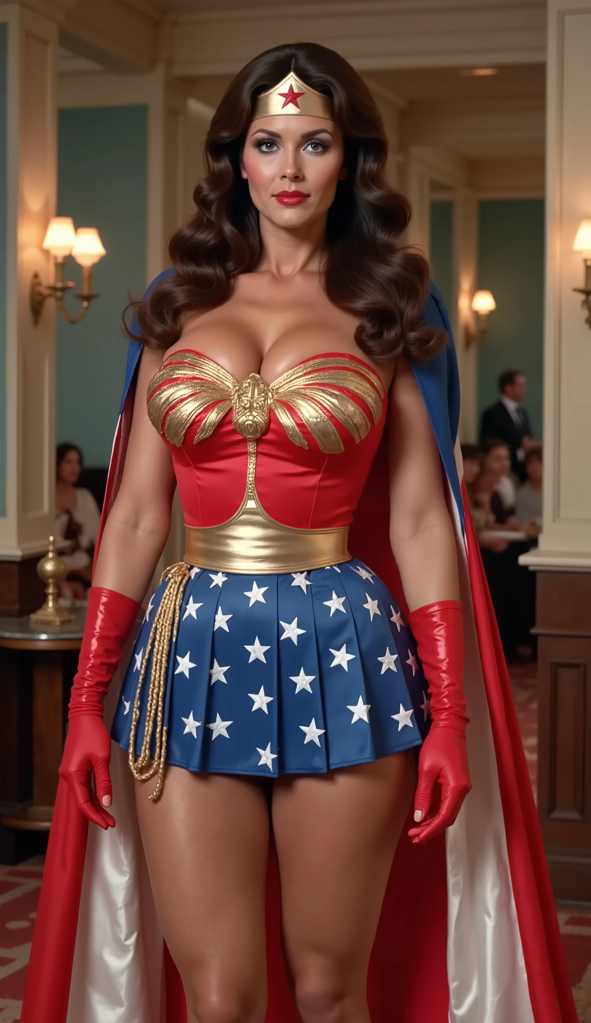 LYNDA CARTER AS WONDER WOMAN WEARING HER TRI COLOR PATRIOTIC CAPE ATTACHED TO THE WONDER WOMAN COSTUME, AND A PLEATED BLUE PATRIOTIC SKIRT. LONG RED SATIN OPERA GLOVES.