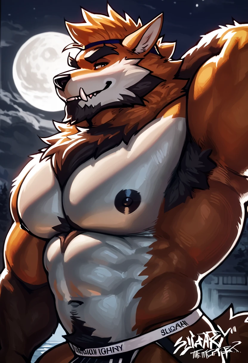 Solo, anthro, male (((wolf, werewolf, blue eyes, black pupils, muscular, huge pecs, abs, pink nipples, brown body, brown fur, blonde hair, stubble, long hair, brown beard, brown chest hair, brown pubes, facial hair, claws hands, paw pads, black claws, black nose, long ears, ear piercing, thick eyebrows, fangs, sharp teeth, attached sheath, big sheath, huge penis, canine genitalia, huge knot, huge balls, ball hair))) standing, smirking, forest, night time, full moon, perfect anatomy, full body, by darkgem, by mystikfox61, by glitter trap boy