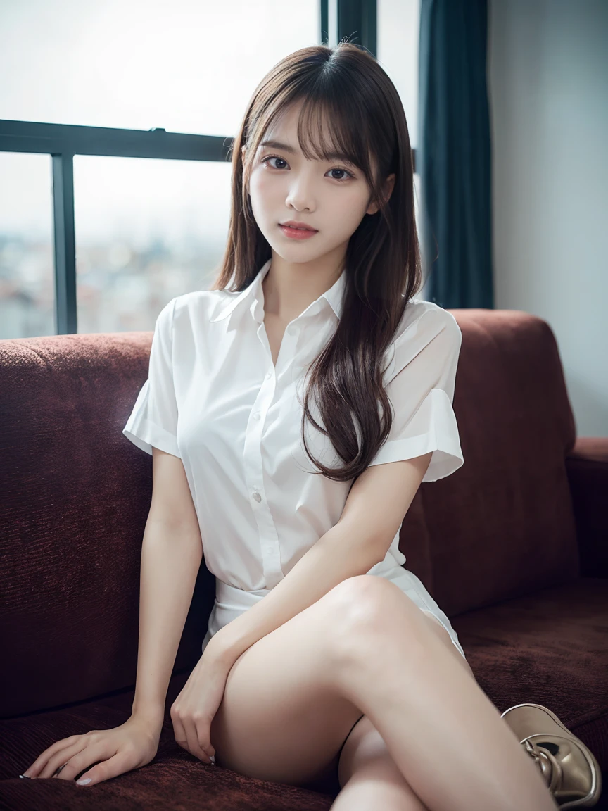 (highest quality, 8k, 32k), masterpiece,(ultra high resolution,realistic:1.4,RAW photo), (Super detailed,caustics),sexy pictures,1girl, big breasts, big breasts, Japanese, black hair, bangs, long hair (long hair: 1.4), charming beauty、office lady、Sheer white shirt、black pleated skirt、black pantyhose、double eyelid、clear eyes、dark red lipstick、slender and beautiful legs、toned ankles、Ultra - High resolution、The super detailed、elegant posture、Creates a slender lower body curve、Expressing adult femininity、The background is a modern hotel room, I'm in a modern, luxurious hotel room, sitting on the bed,