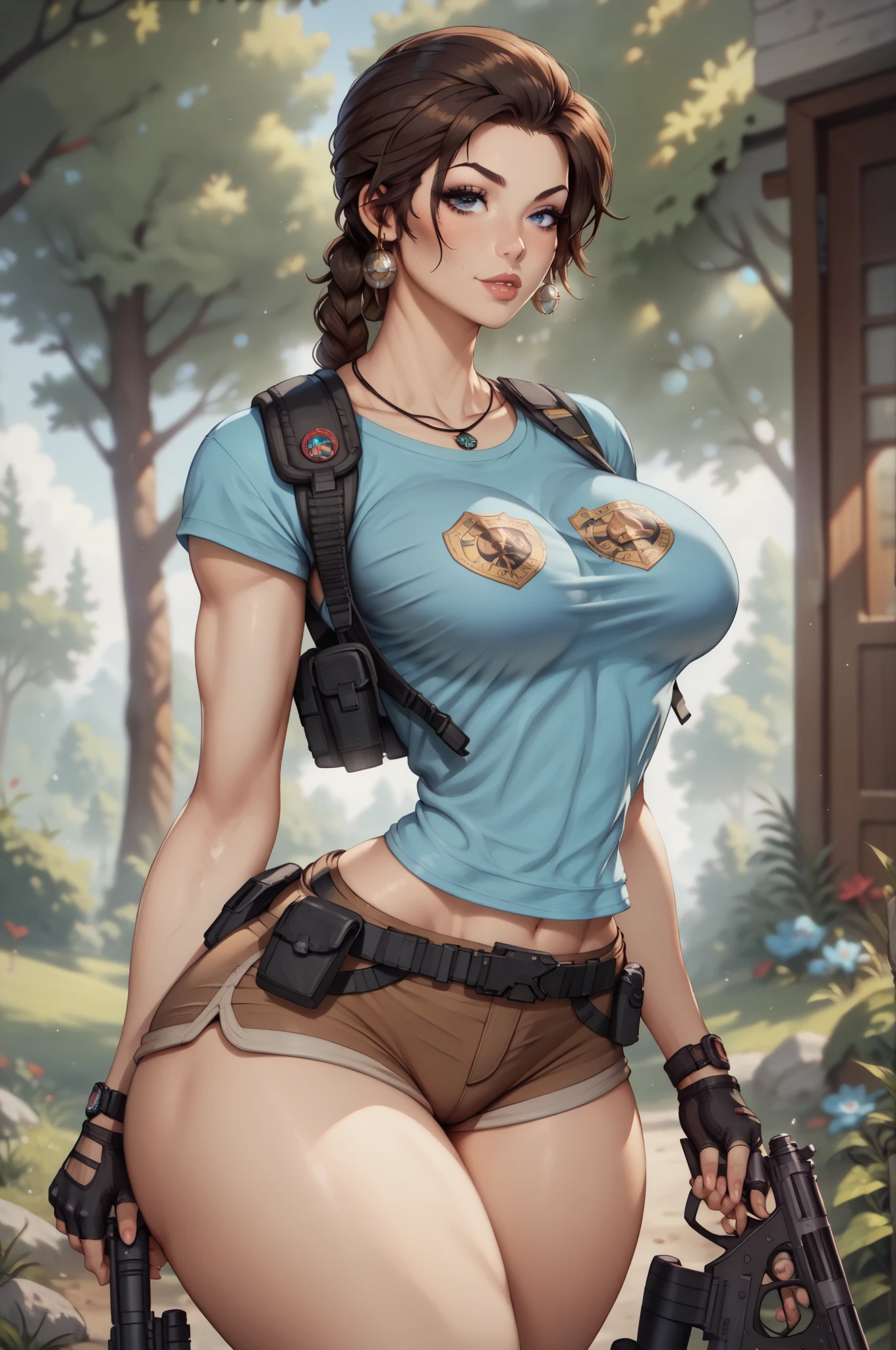 Beautiful young woman,Laura Croft,long brown hair in a ponytail,beautiful detailed eyes,beautiful detailed lips,extremely detailed eyes and face,longeyelashes,big bouncing breasts,blue t-shirt and green jean shorts,white sox,black gloves,hiking boots,thigh gun holsters,(best quality,4k,8k,highres,masterpiece:1.2),ultra-detailed,(realistic,photorealistic,photo-realistic:1.37),HDR,UHD,studio lighting,ultra-fine painting,sharp focus,physically-based rendering,extreme detail description,professional,vivid Tomb Raider, Syfy, artists,beautiful young woman (Laura Croft),long brown hair in a ponytail (beautiful and detailed),big bouncing breasts,blue t-shirt and green jean shorts,white sox,black gloves,hiking boots,thigh gun holsters,sharp focus,ultra-detailed,portraits,physically-based rendering,vivid colors. Full body