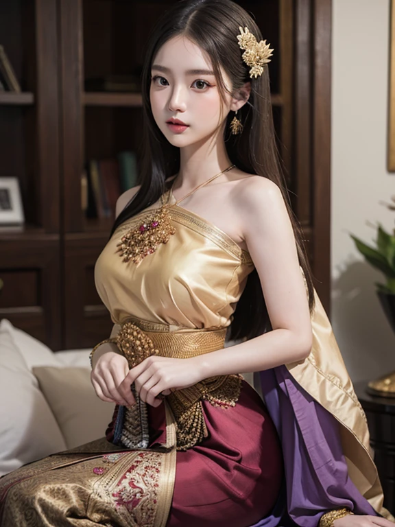 ultra wide shot,
1girl,glamor,((bare shoulders)),large breasts,((thick thigh)),the best anatomy,
ThaiDress,necklace,
palace,luxury,castle,
((realistic background)),((realistic)),masterpiece,highres,
<lora:9_ThaiDress:0.8>,