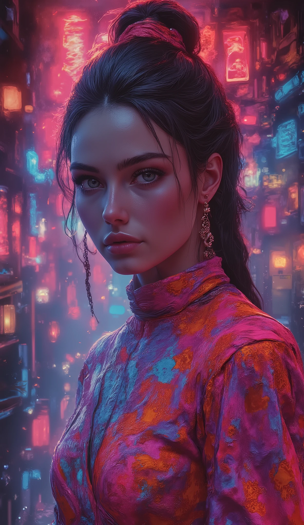 A close up of a woman in a colorful dress in a city - SeaArt AI