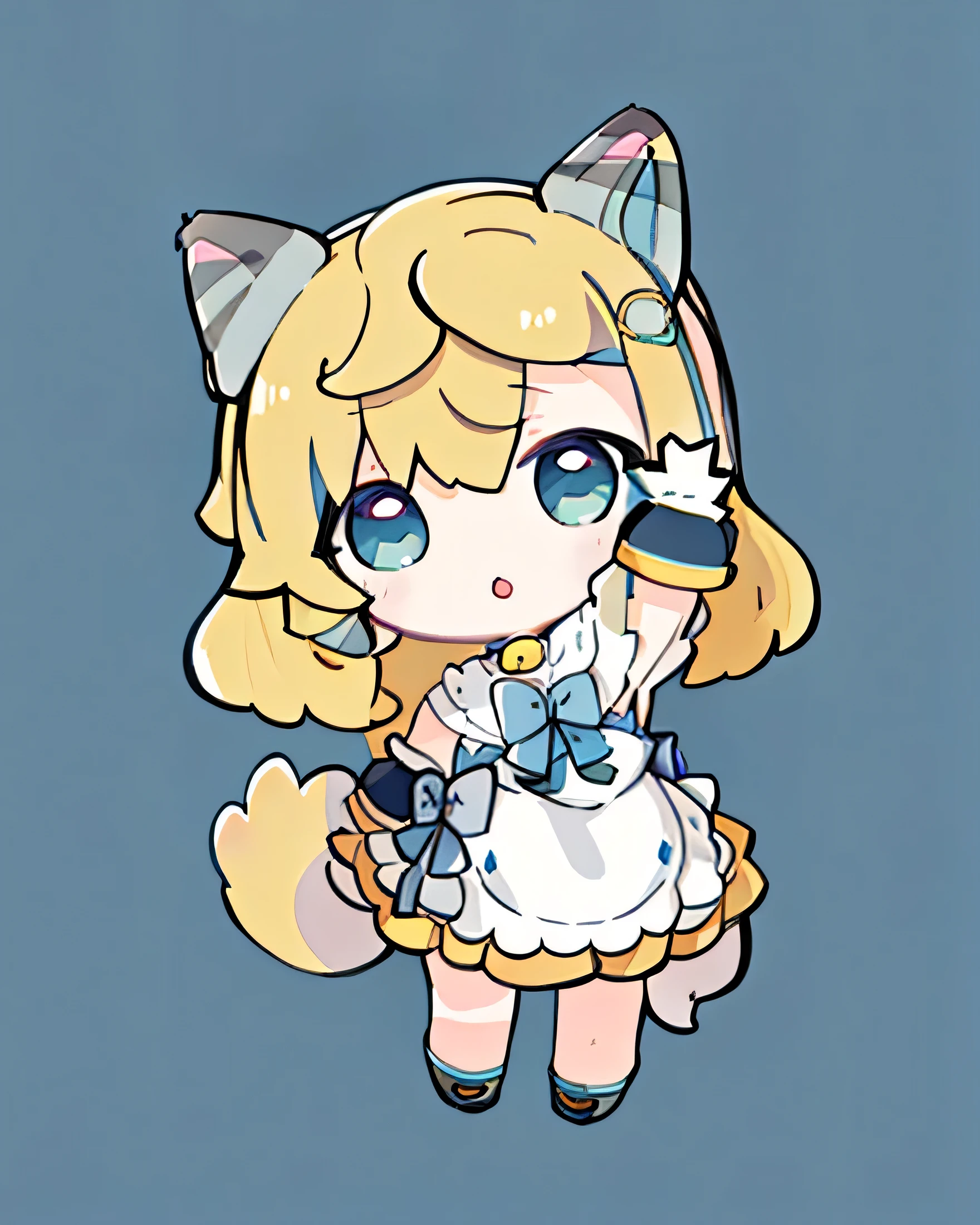 Hatsune Miku, in (chibi_style.), blonde hair, (cat_ears), (cat_tail, (High_Resolution:1.5), (HD:1.5), (Best_Quality:1.5), (Masterpiece:1.4), (full_body), white background, From Above, (Accurate:1.8), Anime,
